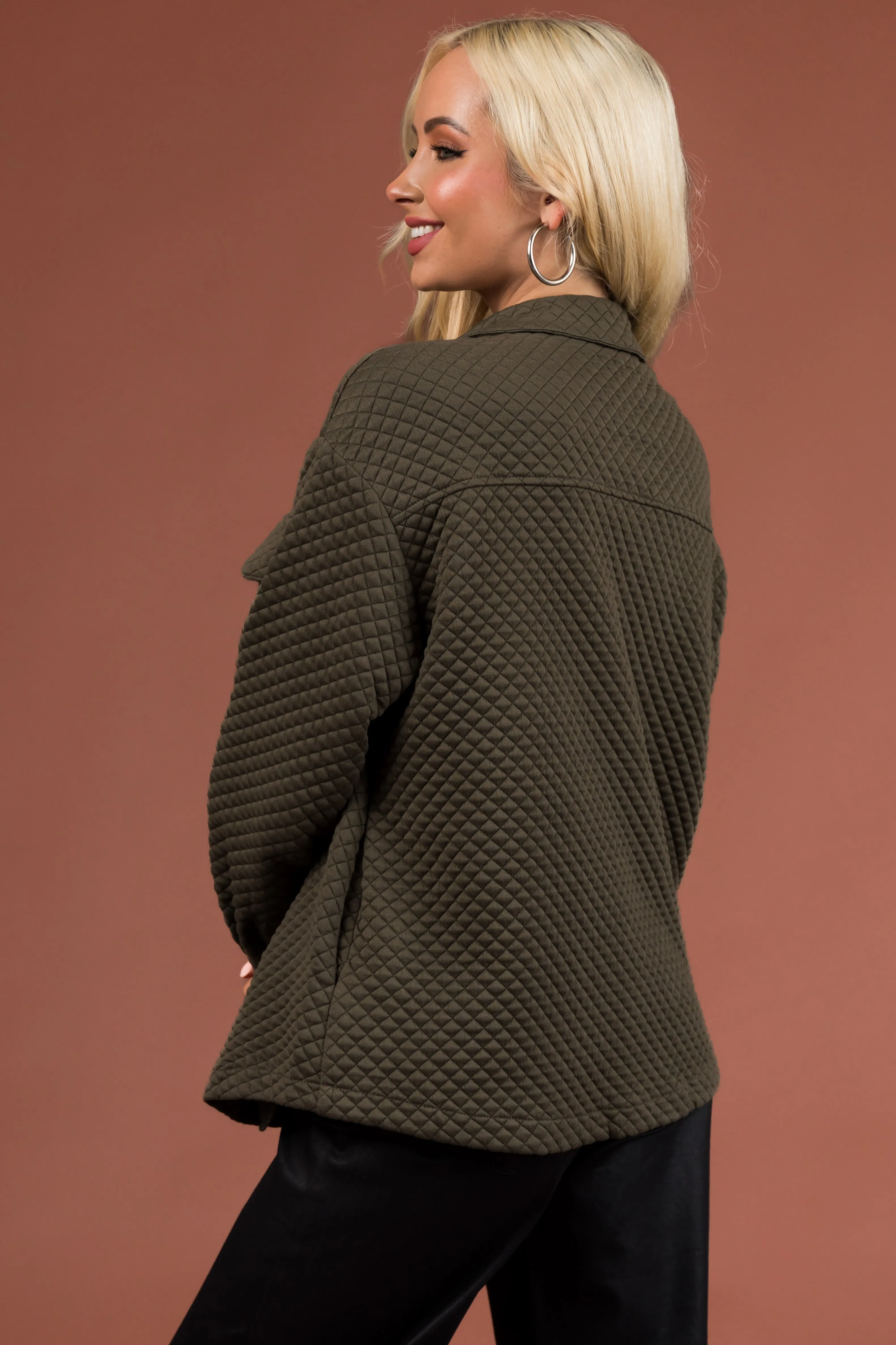 Dusty Olive Lattice Quilted Chest Pocket Shacket