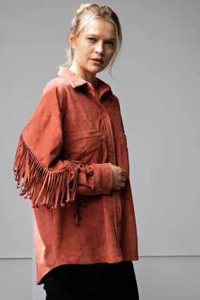 Easel Marsala Faux Suede Fringe Shacket