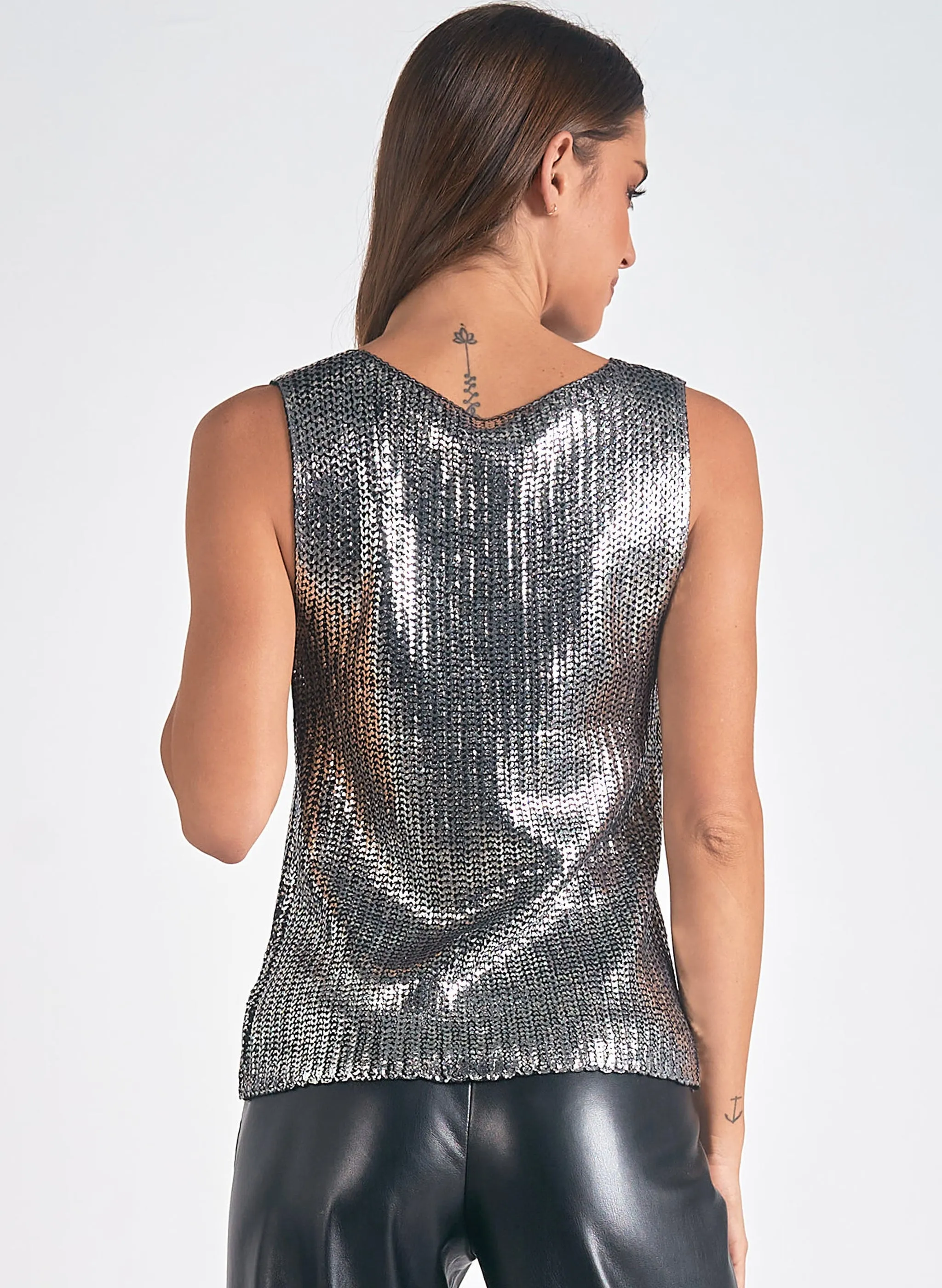 Elan - Silver Sparkle Cable Knit Sweater - Silver w/ Black Under