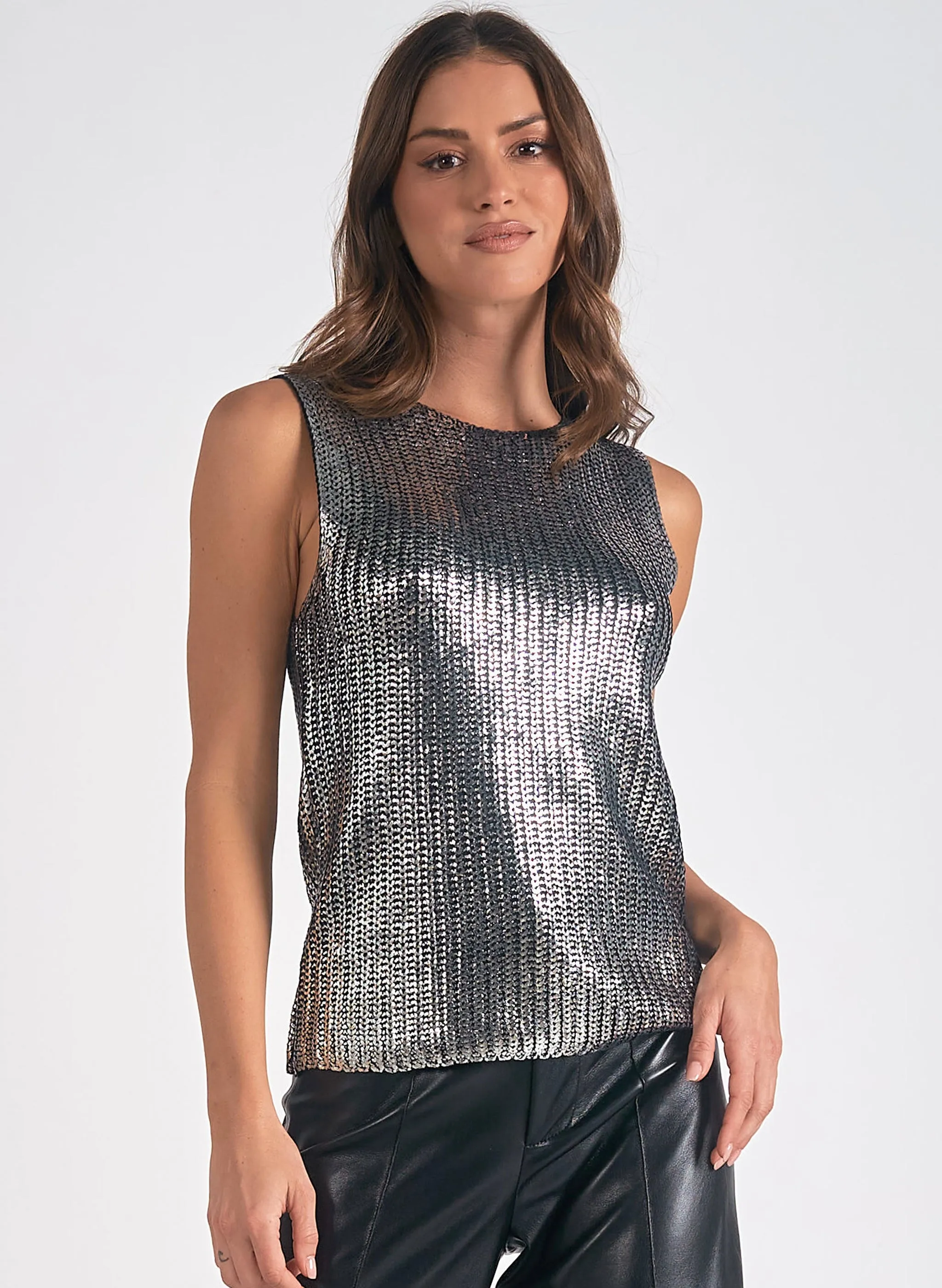 Elan - Silver Sparkle Cable Knit Sweater - Silver w/ Black Under