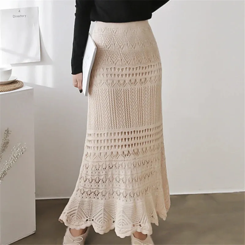 Elegant High Waist Korean Lace Crochet Sheath Wrap Chic Trendy Feminine Skirt