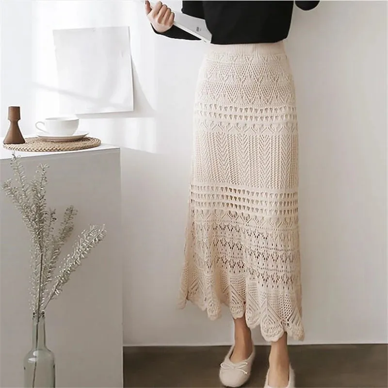 Elegant High Waist Korean Lace Crochet Sheath Wrap Chic Trendy Feminine Skirt