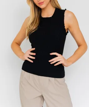 Elevated Black Knit Tank Top With Ruffle Neckline