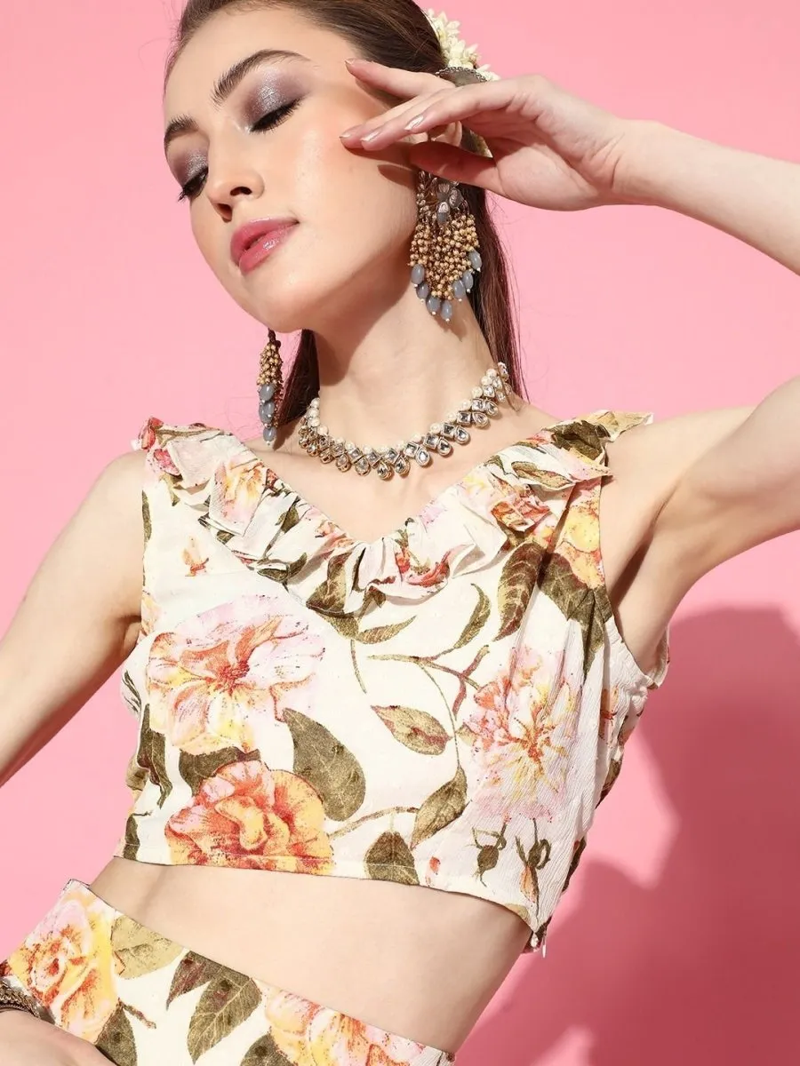 Enthralling Cream Polyester Printed Crop Top