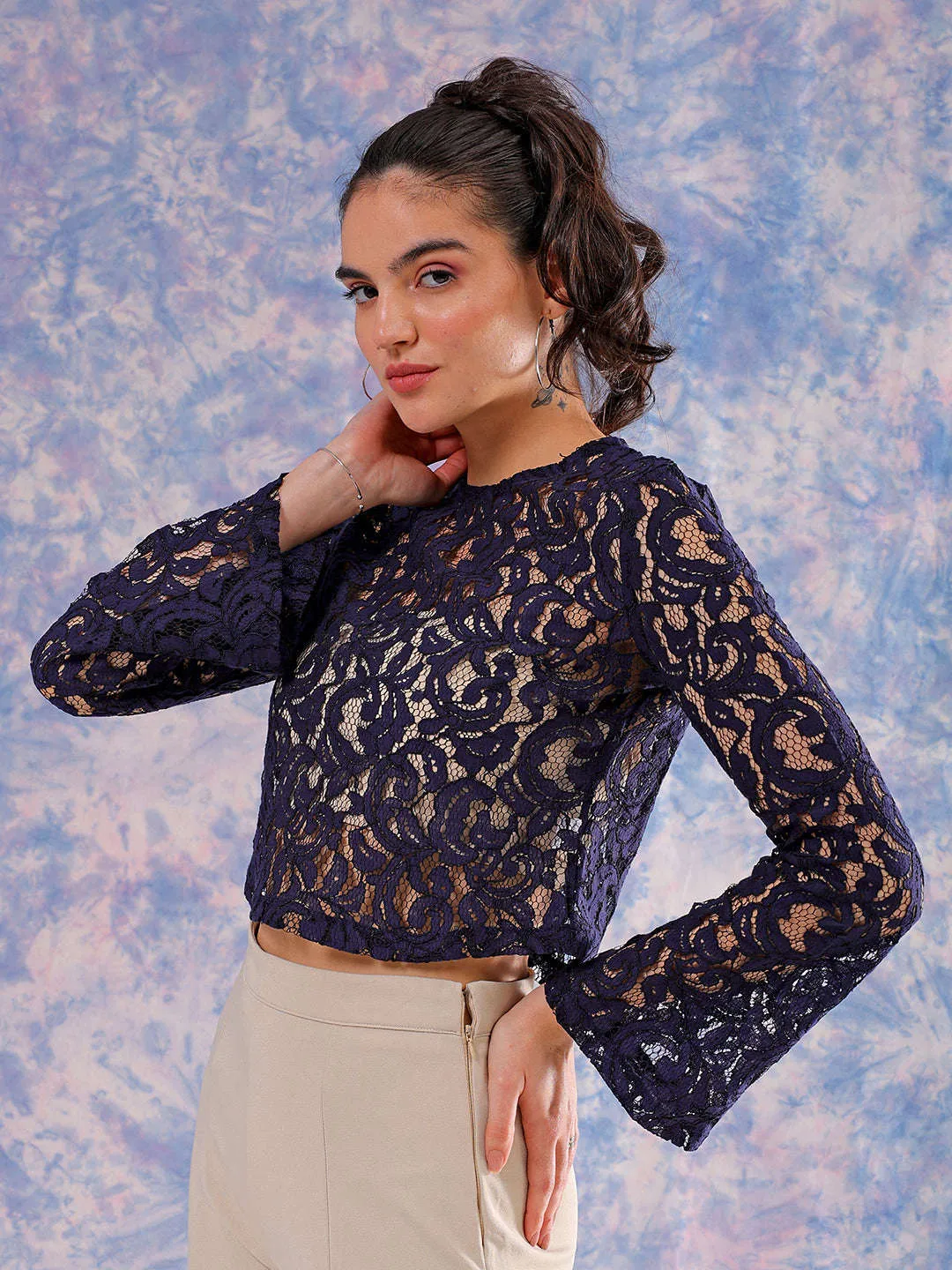 Freehand Women Blue Regular Lace Round Neck Crop Top