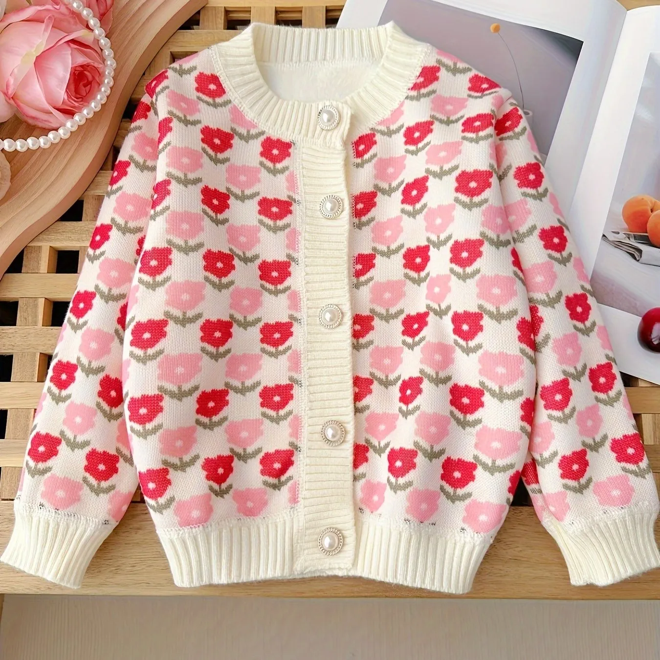 Girl's Bohemian Floral Knit Cardigan, Toddler Spring/Autumn Outerwear, Chic Button-Up Sweater for Girls, Cozy  Collection Top