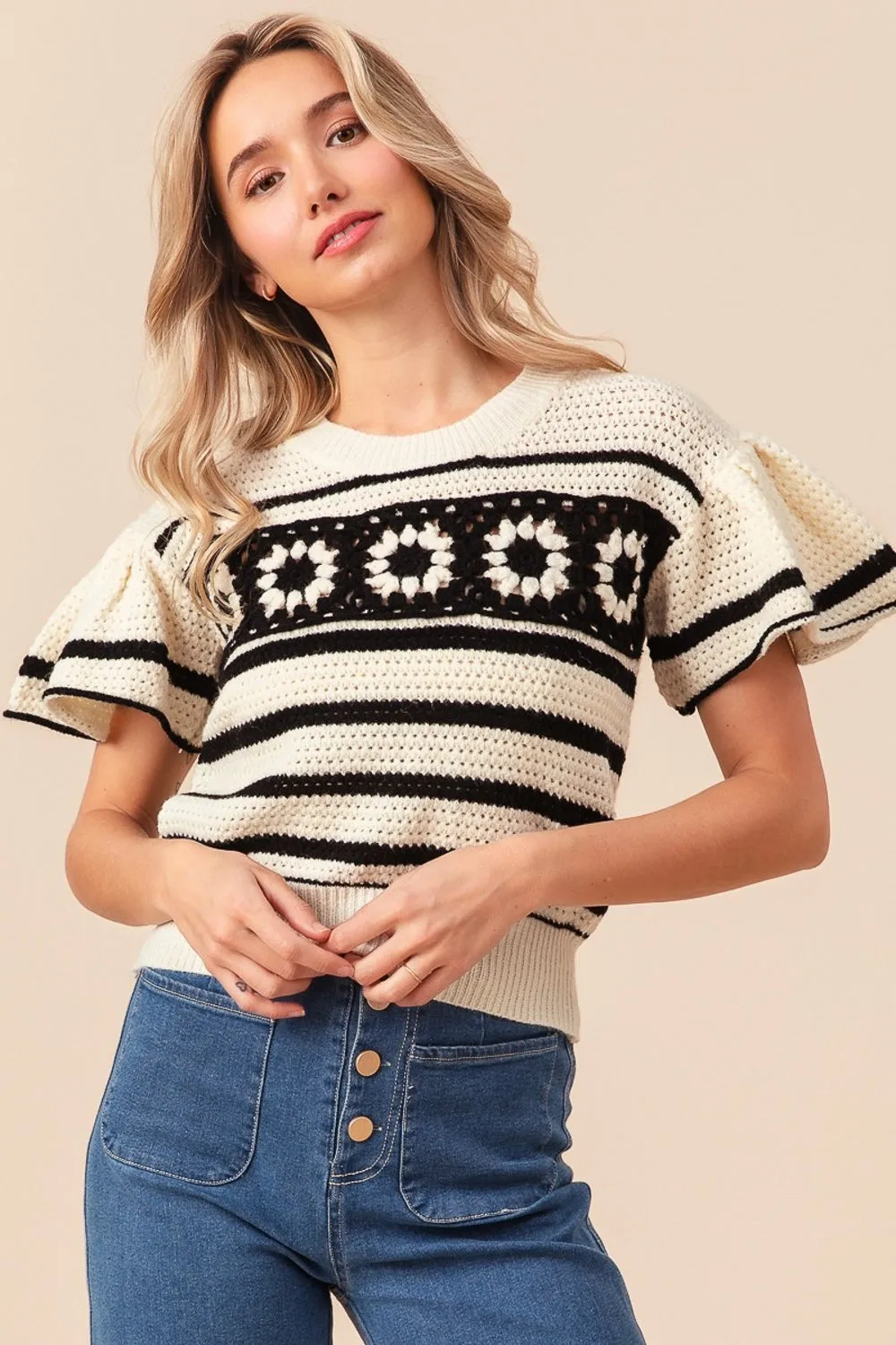 Granny Square Short Sleeve Striped Sweater