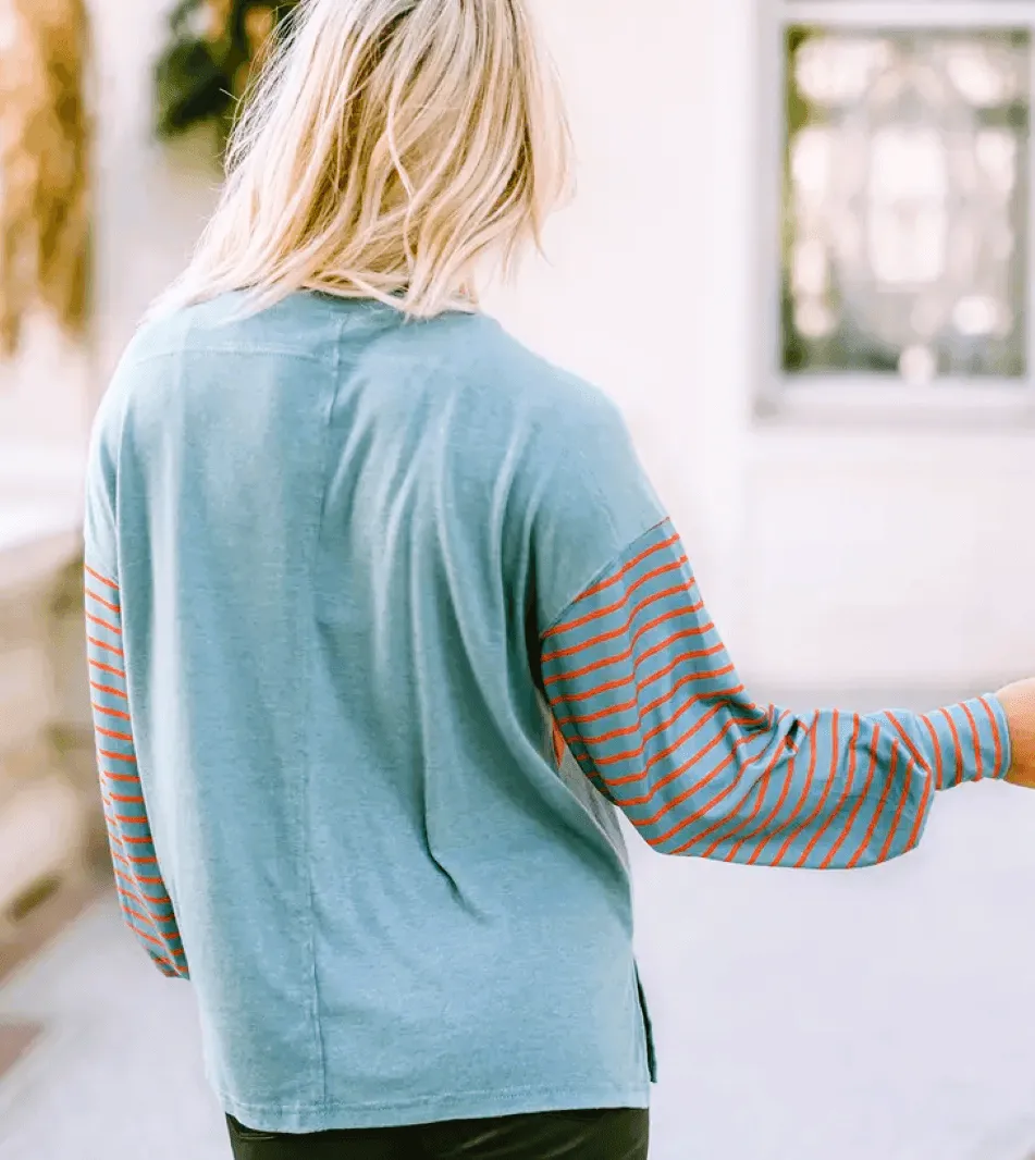 Green Colorblock Striped Sleeve Top