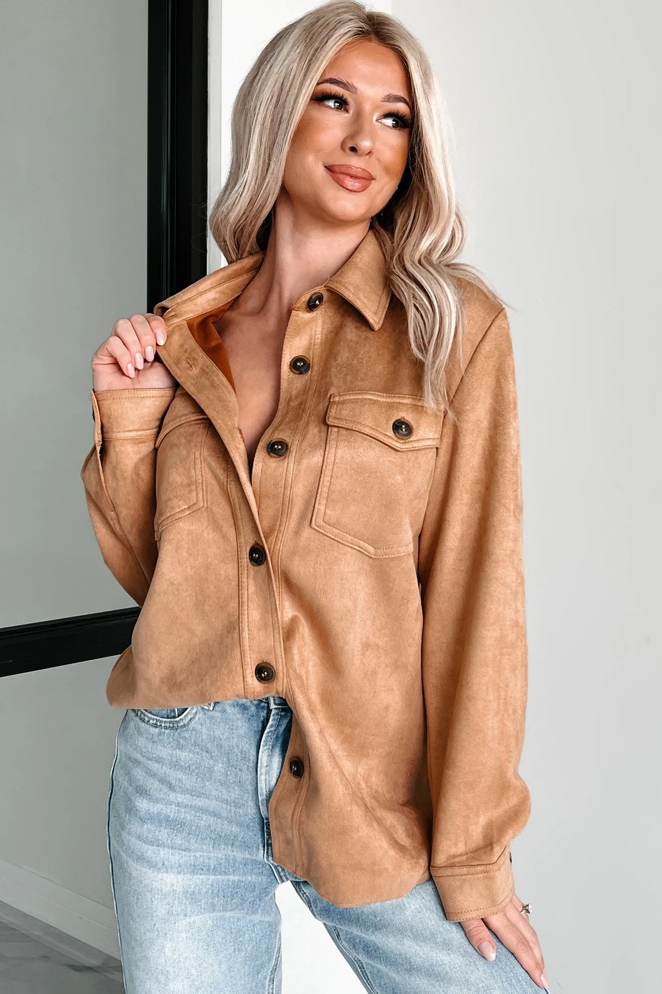 Hiding In Plain Sight Faux Suede Shacket (Camel)