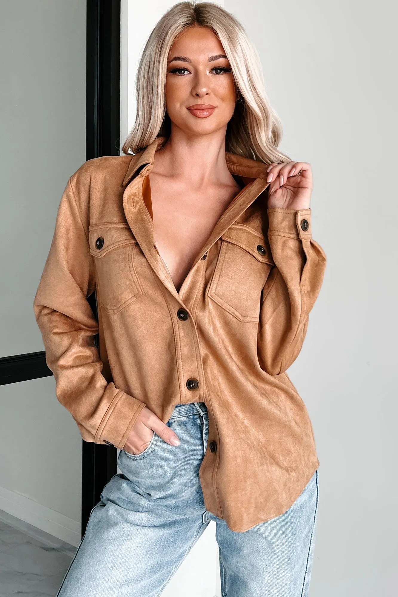 Hiding In Plain Sight Faux Suede Shacket (Camel)