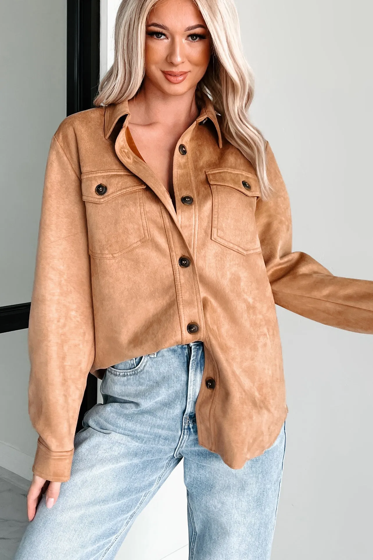 Hiding In Plain Sight Faux Suede Shacket (Camel)