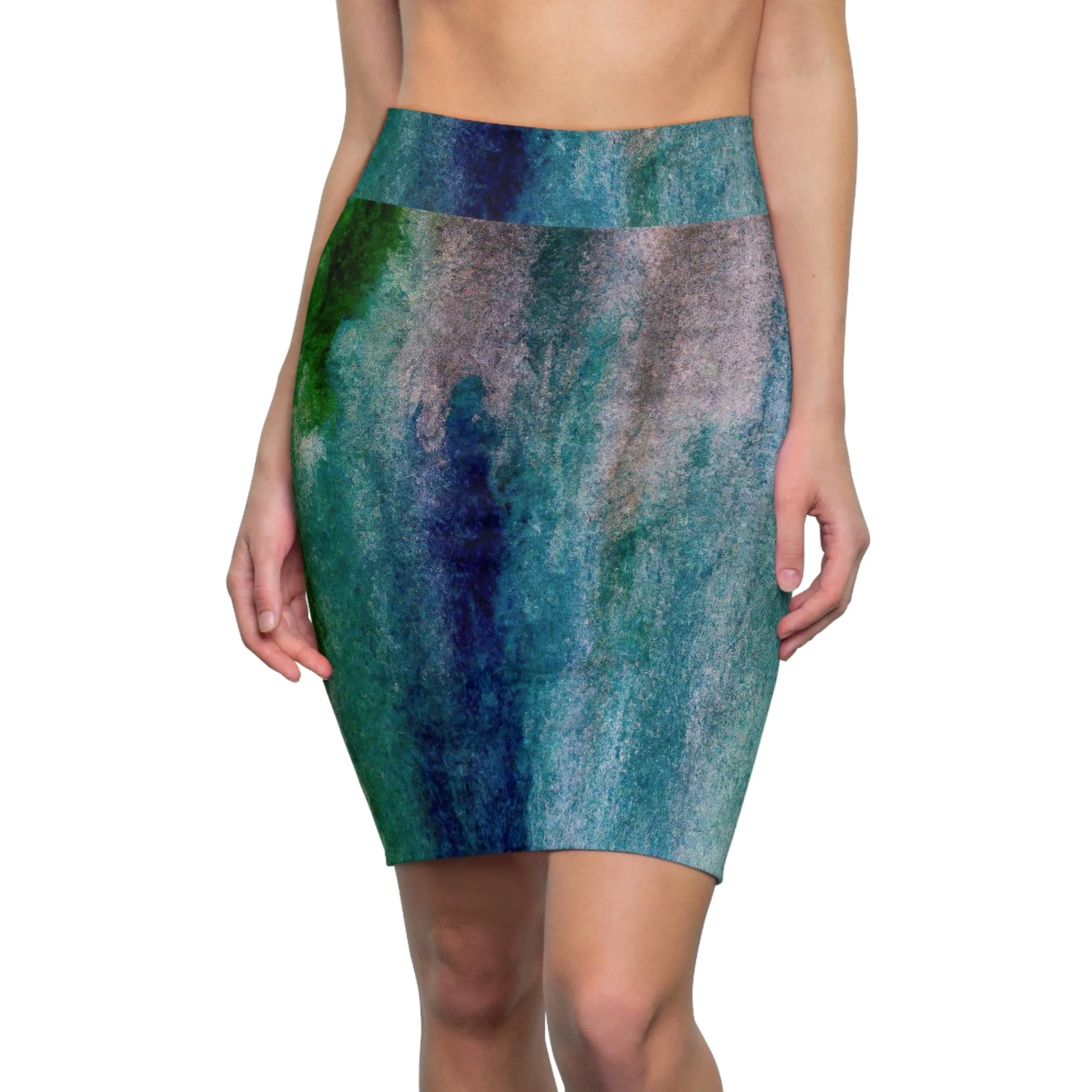 High Waist Womens Pencil Skirt - Contour Stretch, Blue Hue Watercolor