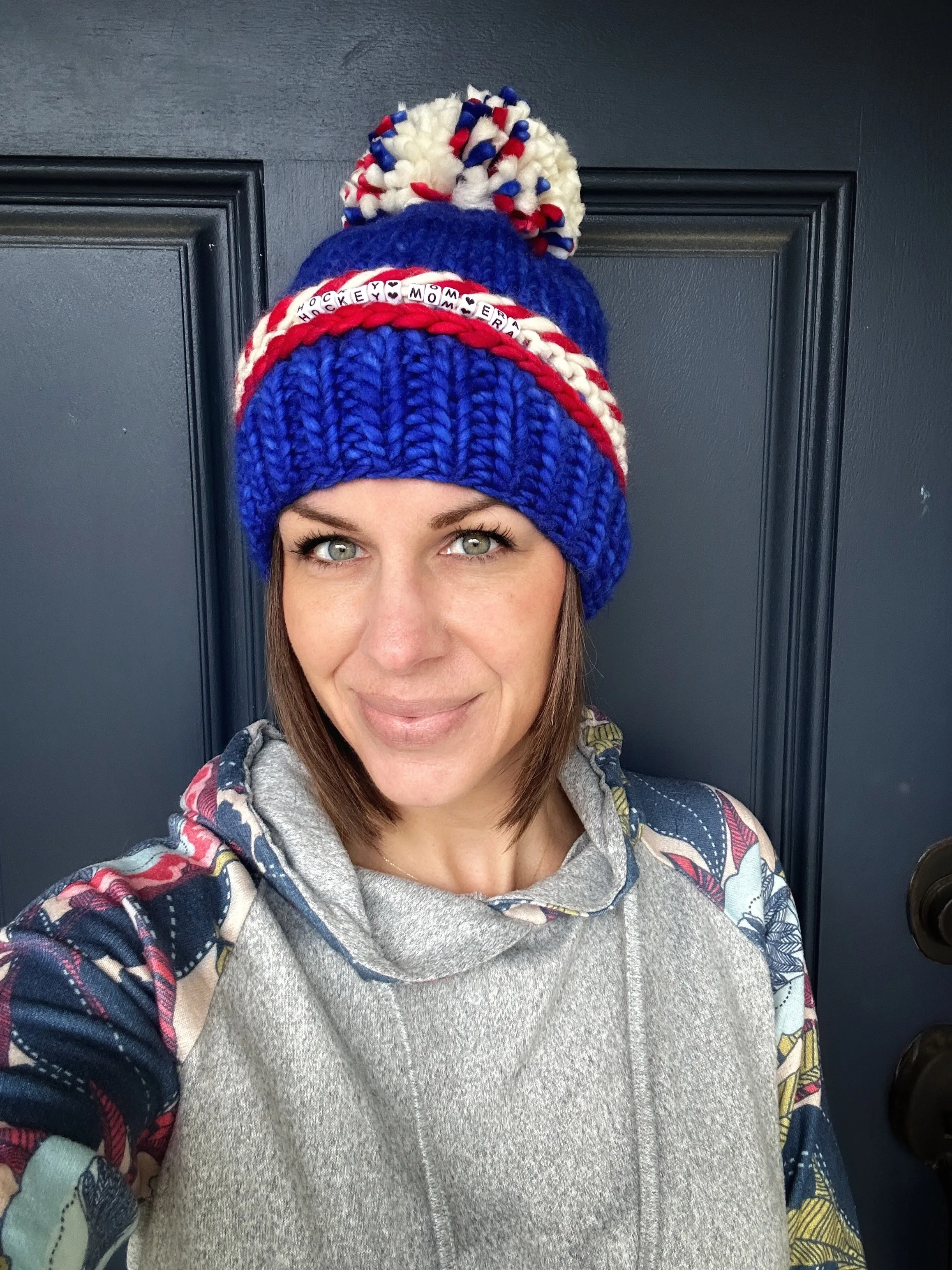 Hockey mom merino wool knit hat with merino wool Pom