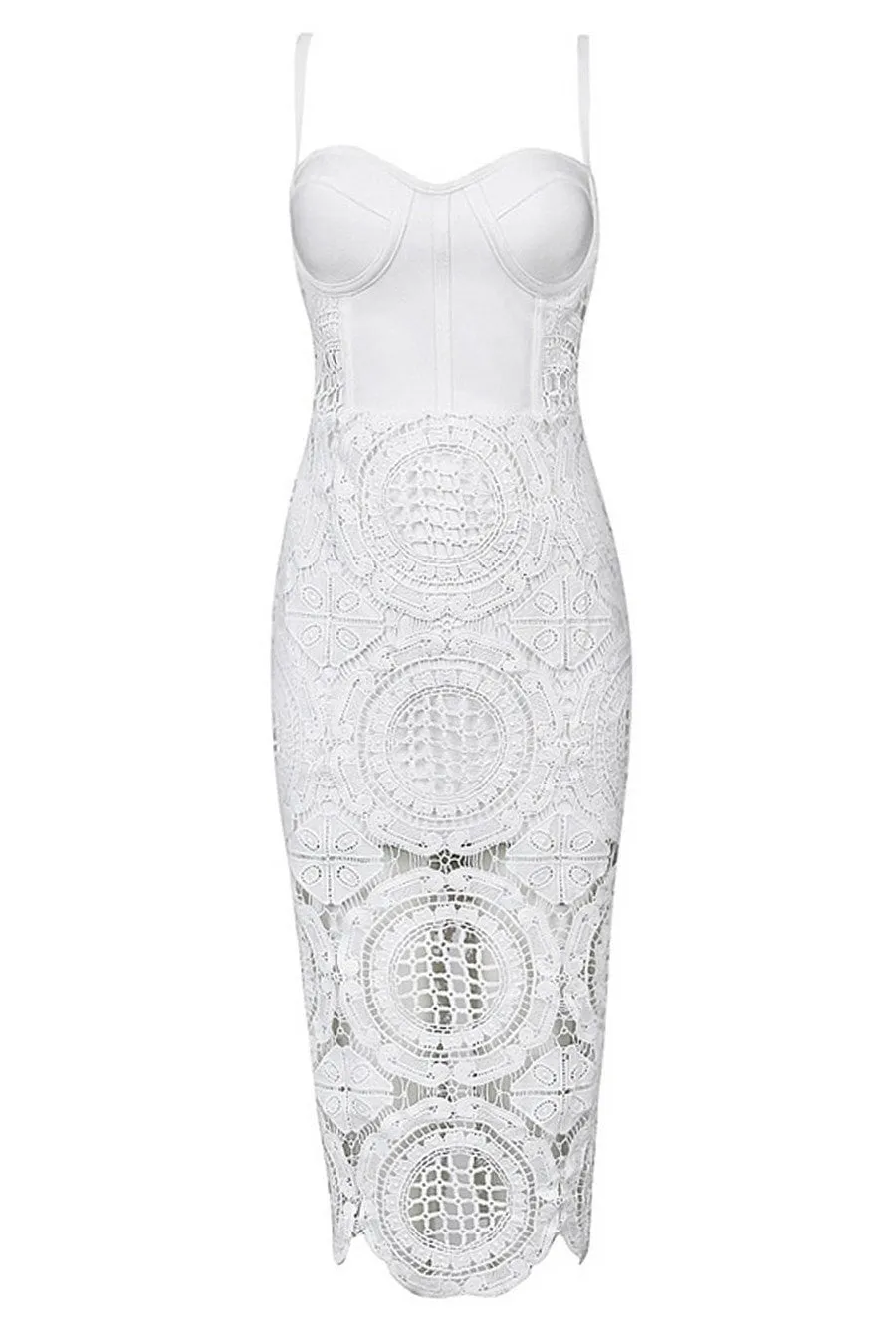 Honey Couture MICHELLE White Lace & Crochet Bustier Bodycon Dress