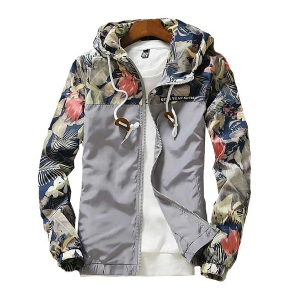 Hooded Floral Wind-Breaker Zipper Lightweight Jacket