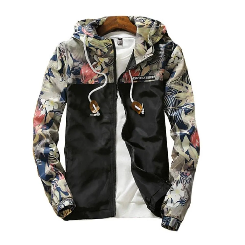 Hooded Floral Wind-Breaker Zipper Lightweight Jacket