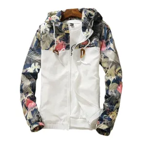 Hooded Floral Wind-Breaker Zipper Lightweight Jacket