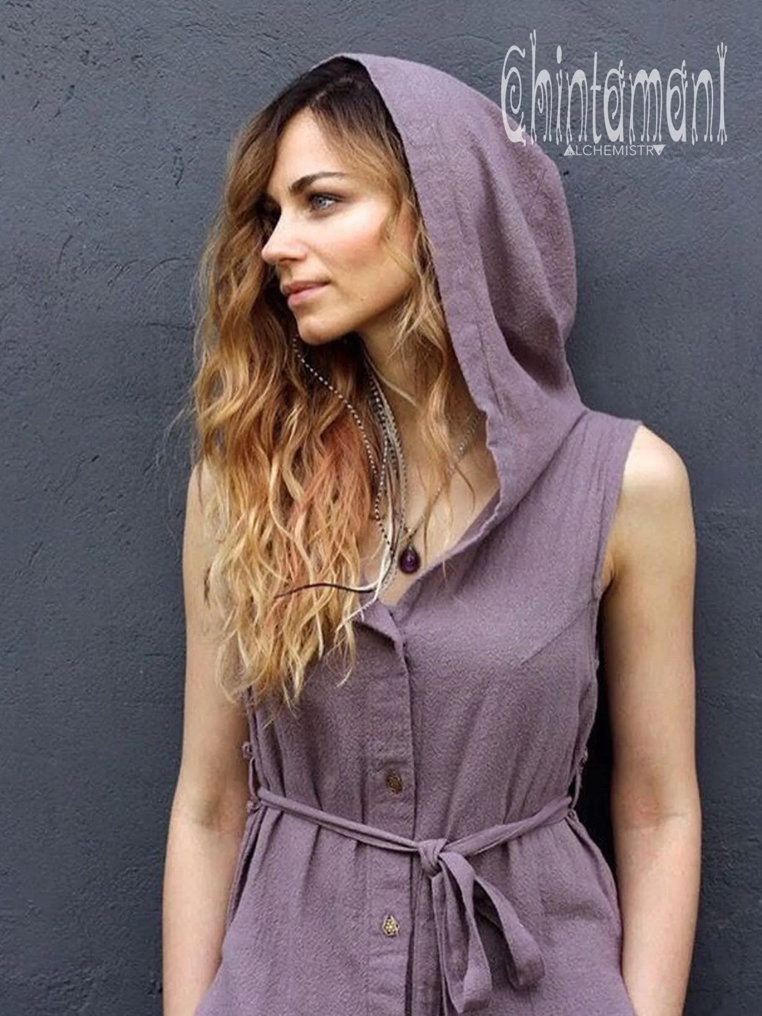 Hooded Sleeveless Shirt Dress / Boho Fringe Tunic Vest / Chakruna Purple