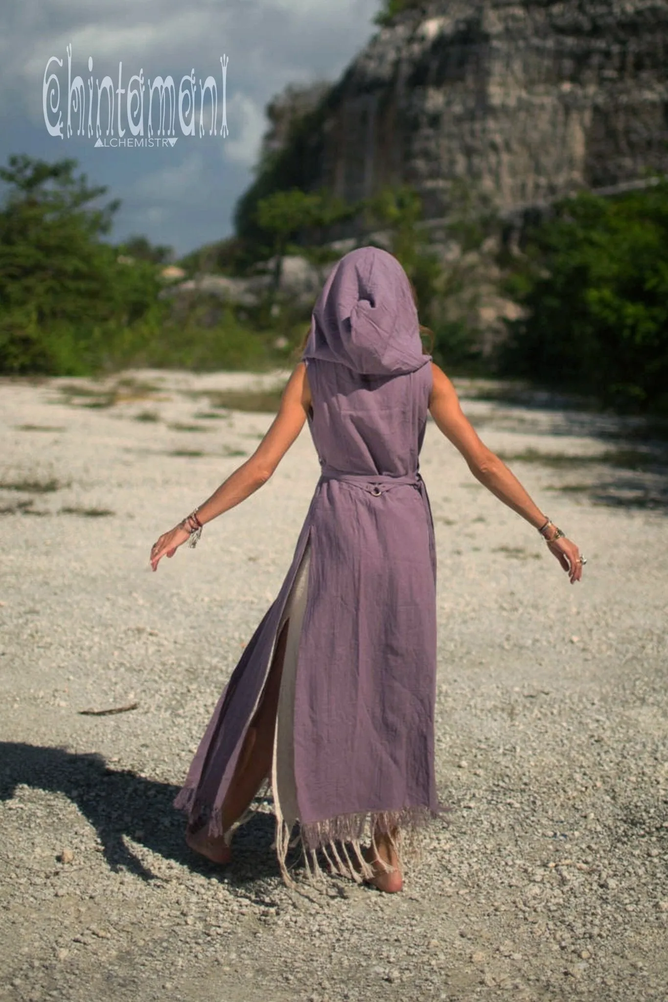 Hooded Sleeveless Shirt Dress / Boho Fringe Tunic Vest / Chakruna Purple