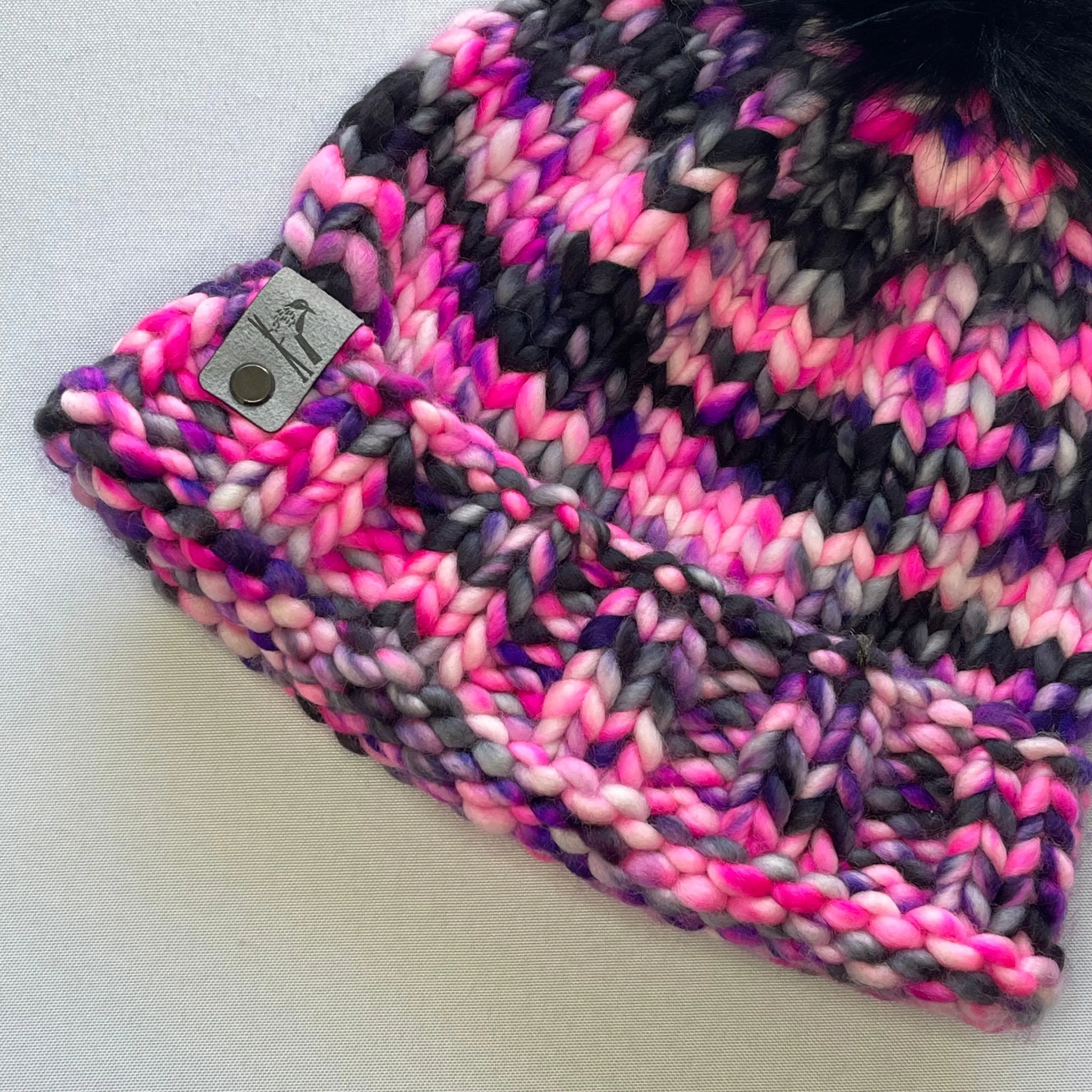 Hot Pink Merino Wool Knit Hat with Faux Fur Pom Pom