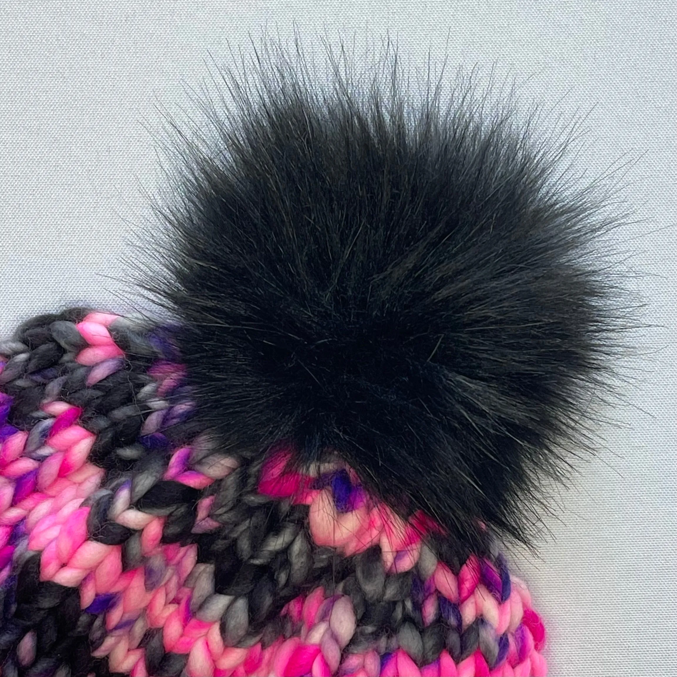 Hot Pink Merino Wool Knit Hat with Faux Fur Pom Pom