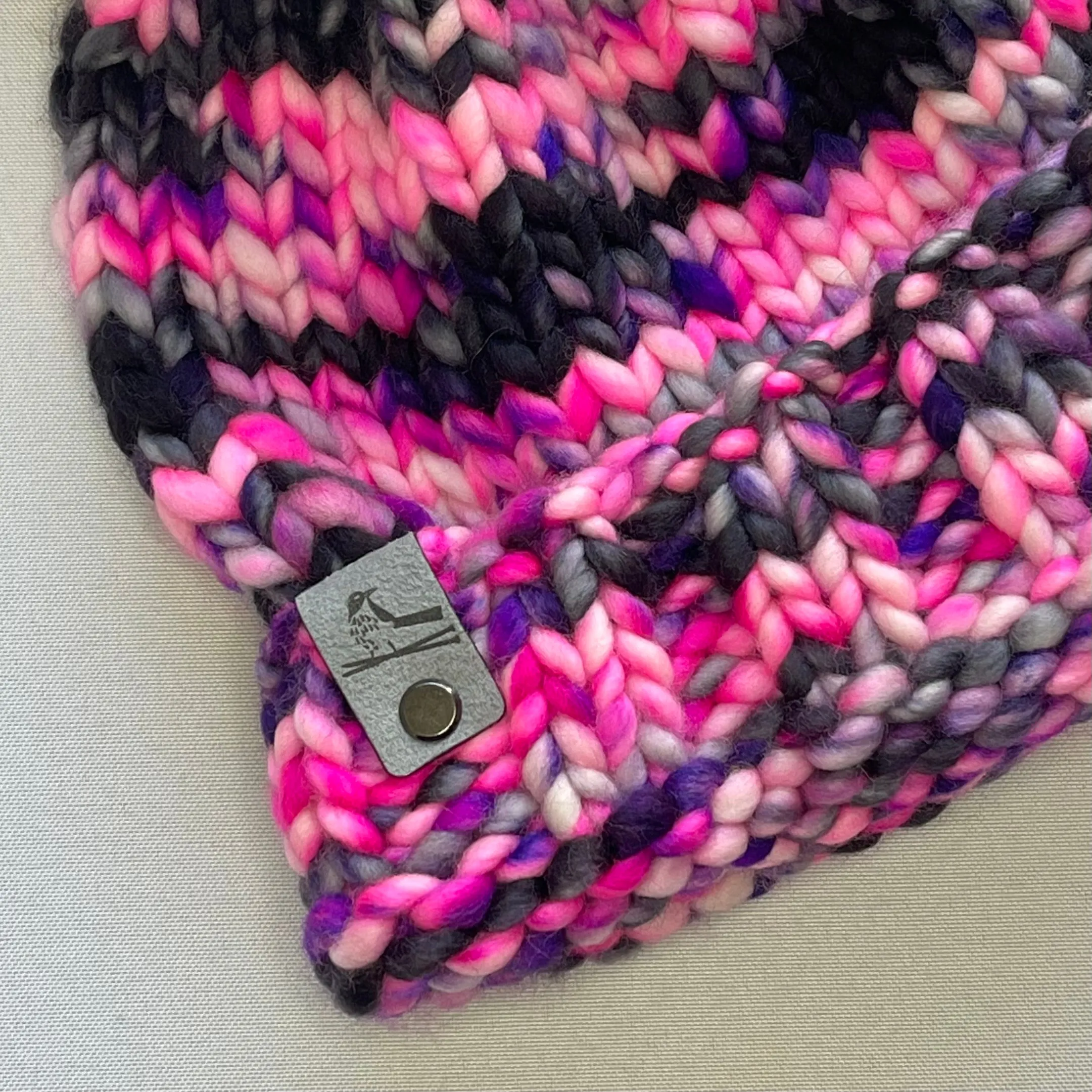 Hot Pink Merino Wool Knit Hat with Faux Fur Pom Pom