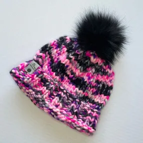 Hot Pink Merino Wool Knit Hat with Faux Fur Pom Pom