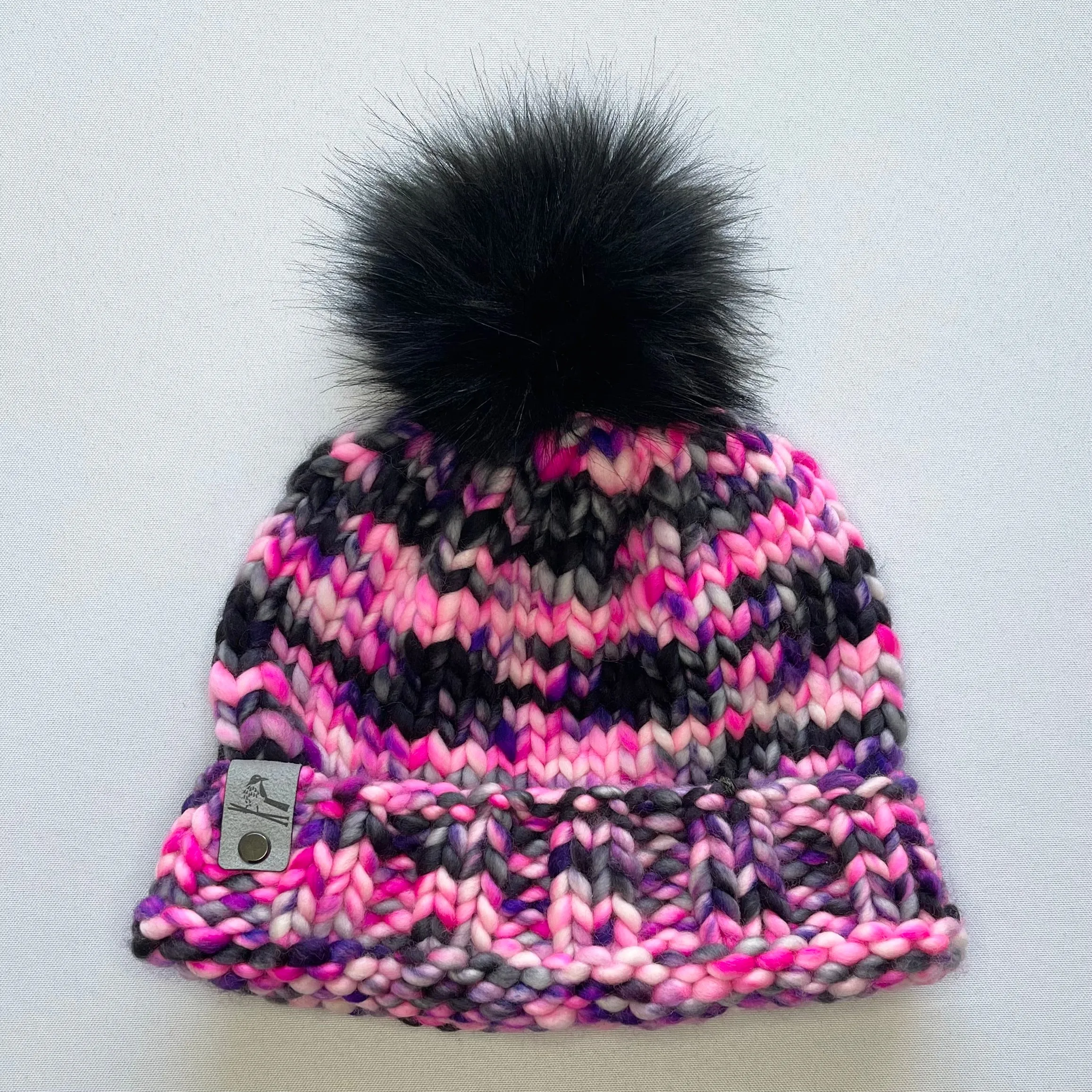 Hot Pink Merino Wool Knit Hat with Faux Fur Pom Pom