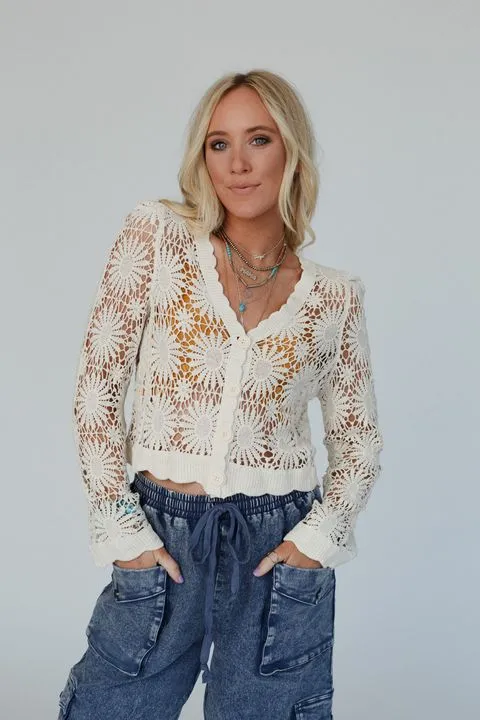 Ipanema Flower Crochet Cardigan - Natural