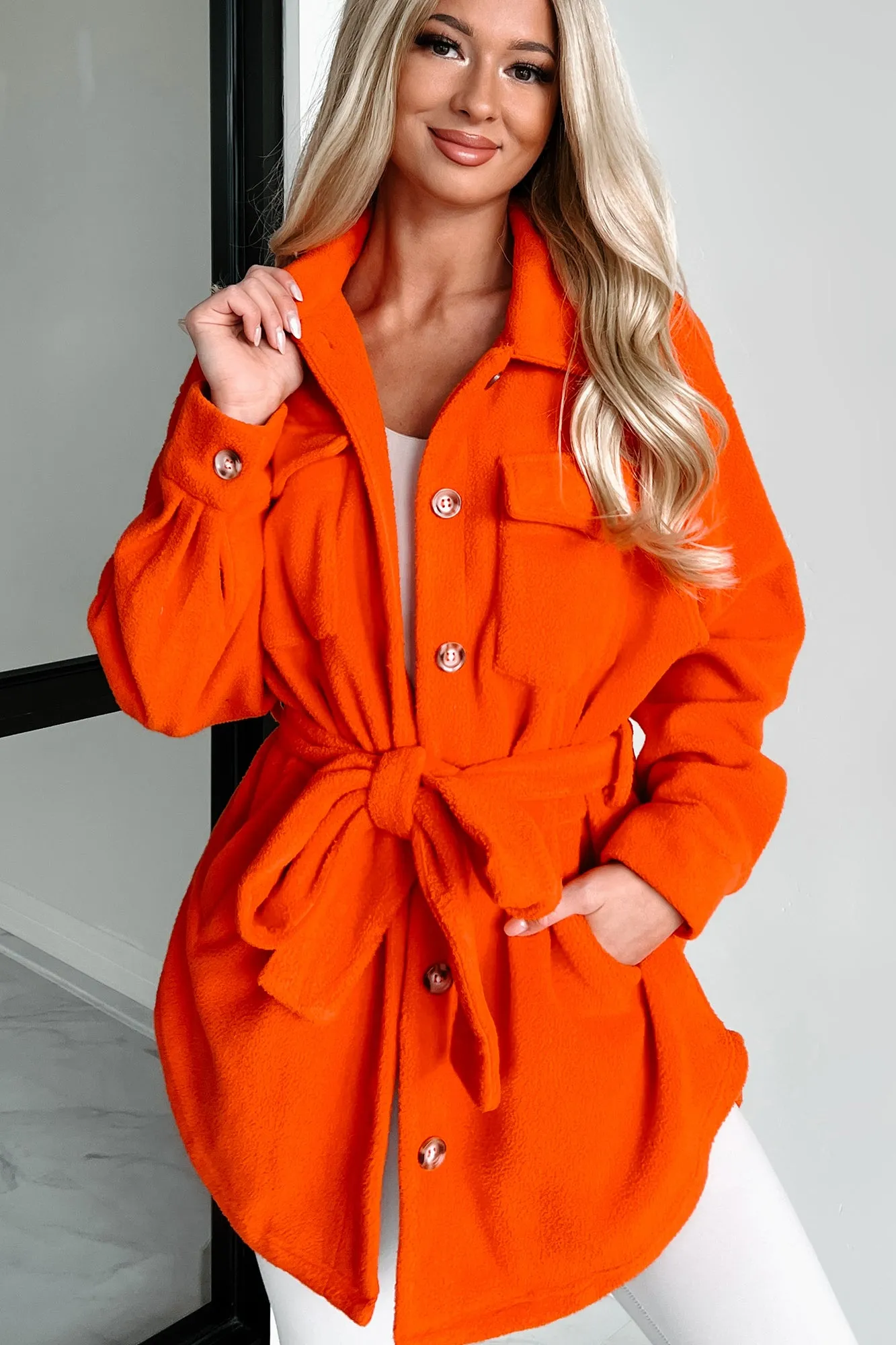 Jayda Belted Fleece Shacket (Orange)