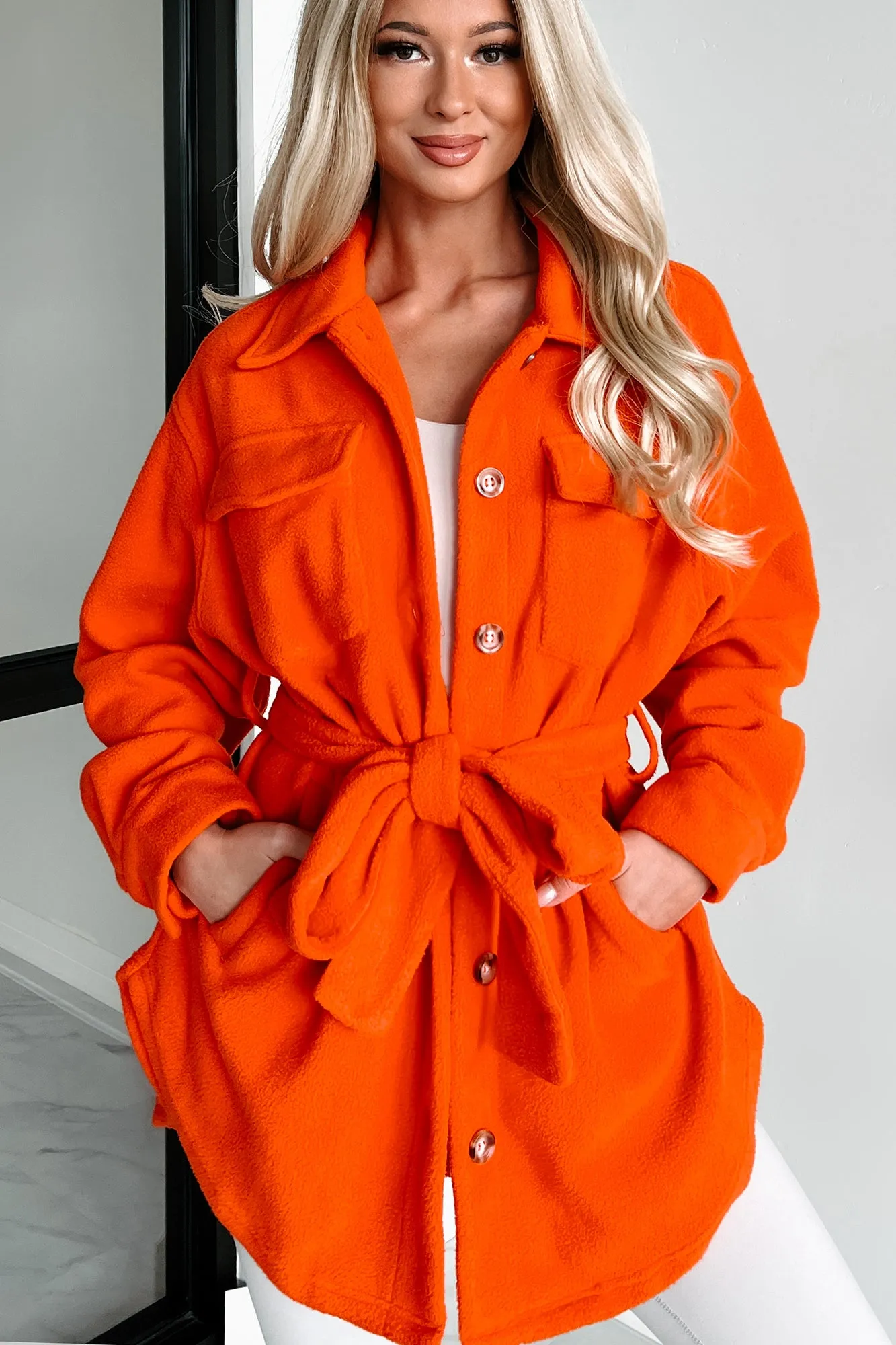 Jayda Belted Fleece Shacket (Orange)