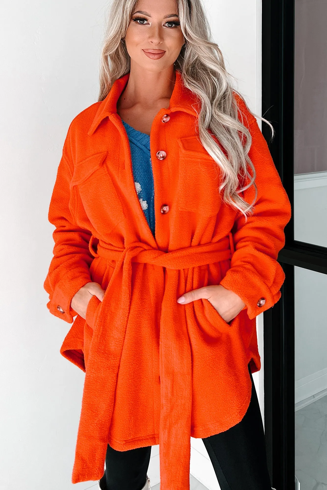 Jayda Belted Fleece Shacket (Orange)