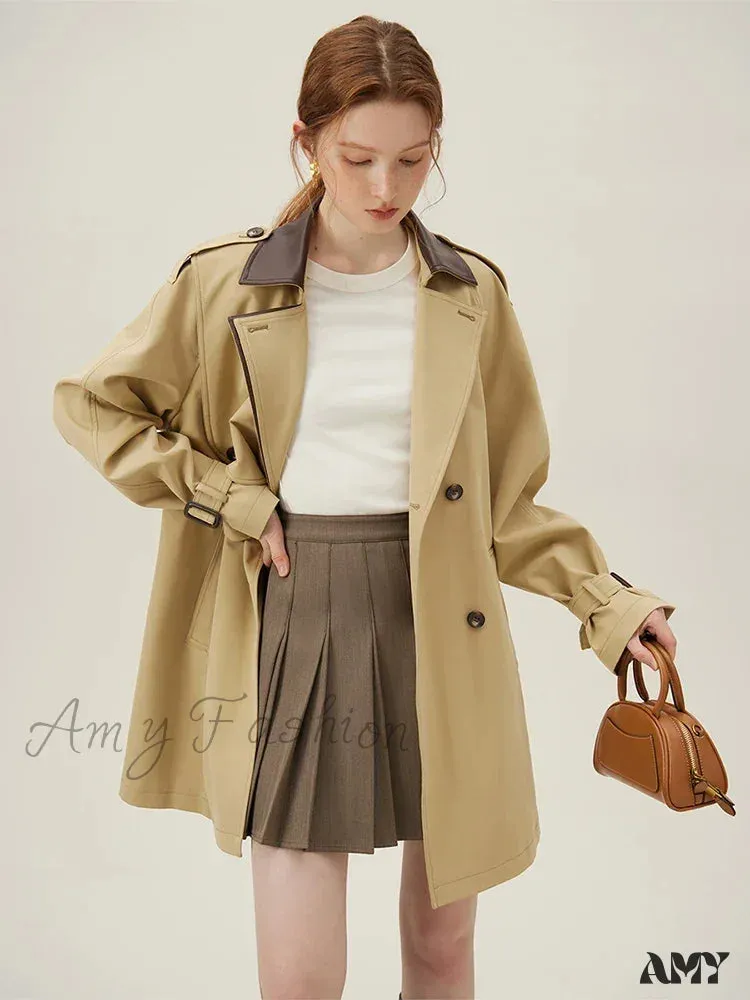 Khaki Contrasting Mid-length Windbreaker Loose Trench New Style Coat