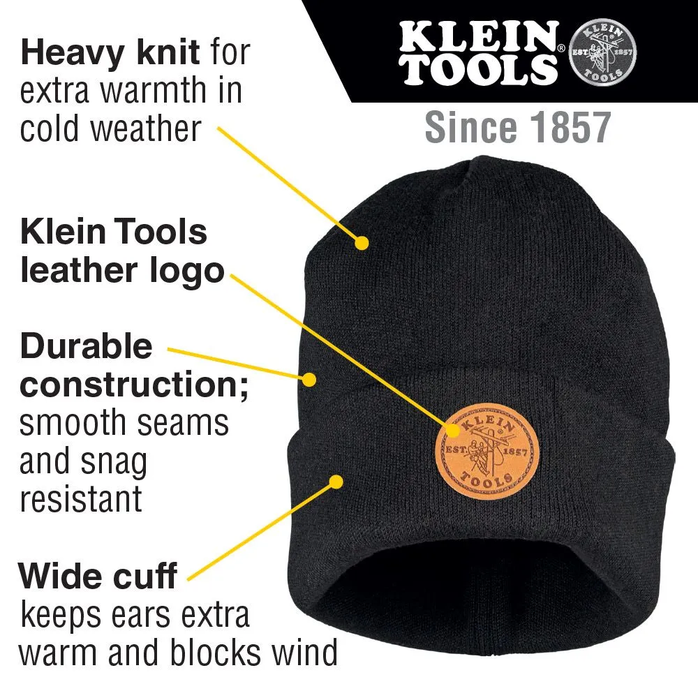 Klein Tools 60569 Heavy Knit Hat, Black, Leather Logo