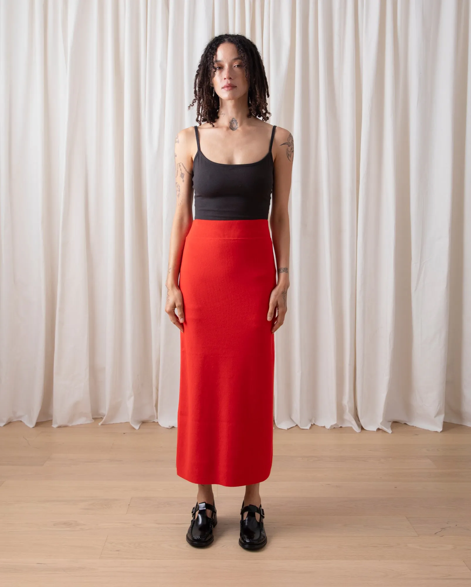 KNIT PENCIL MIDI SKIRT - POPPY