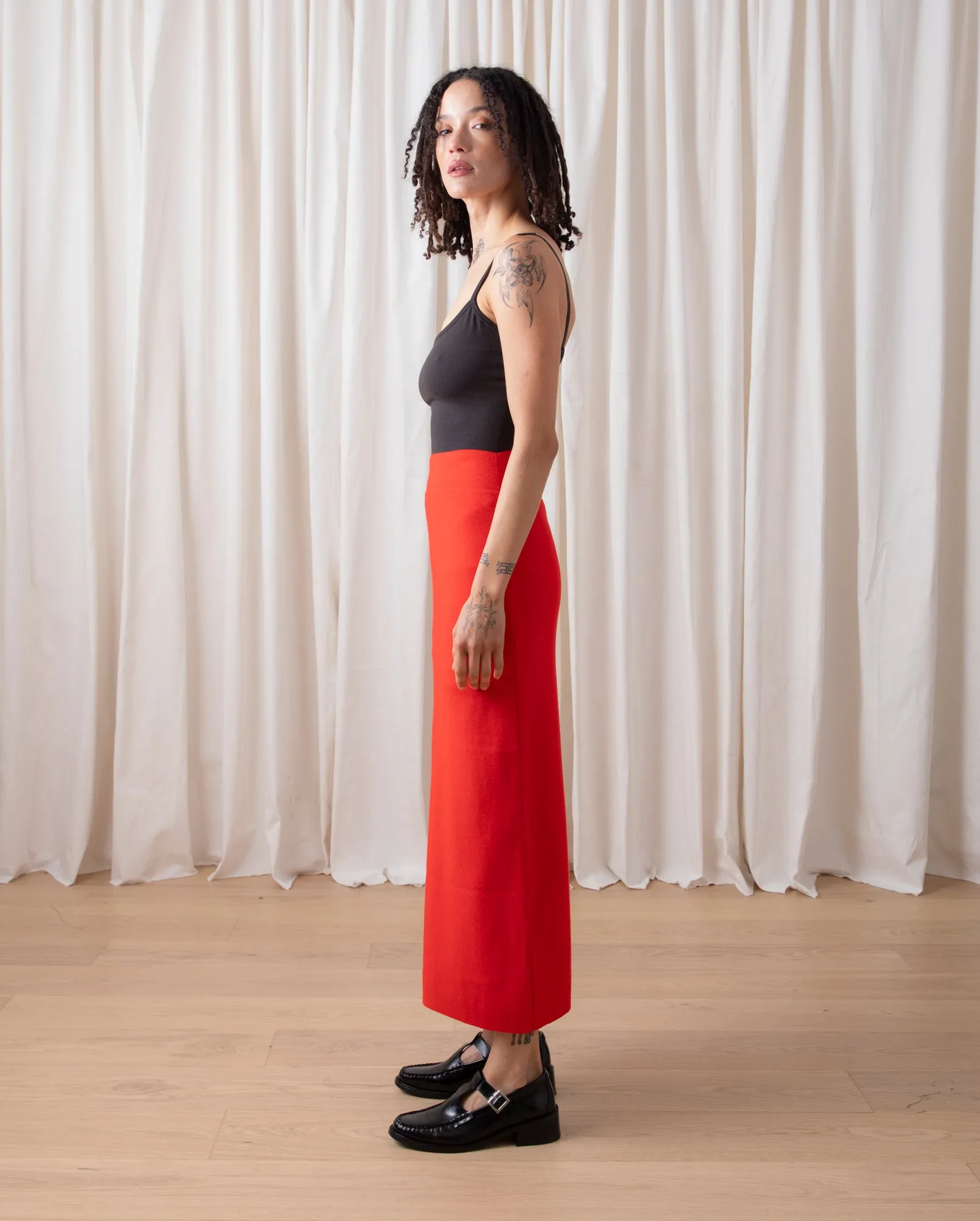 KNIT PENCIL MIDI SKIRT - POPPY