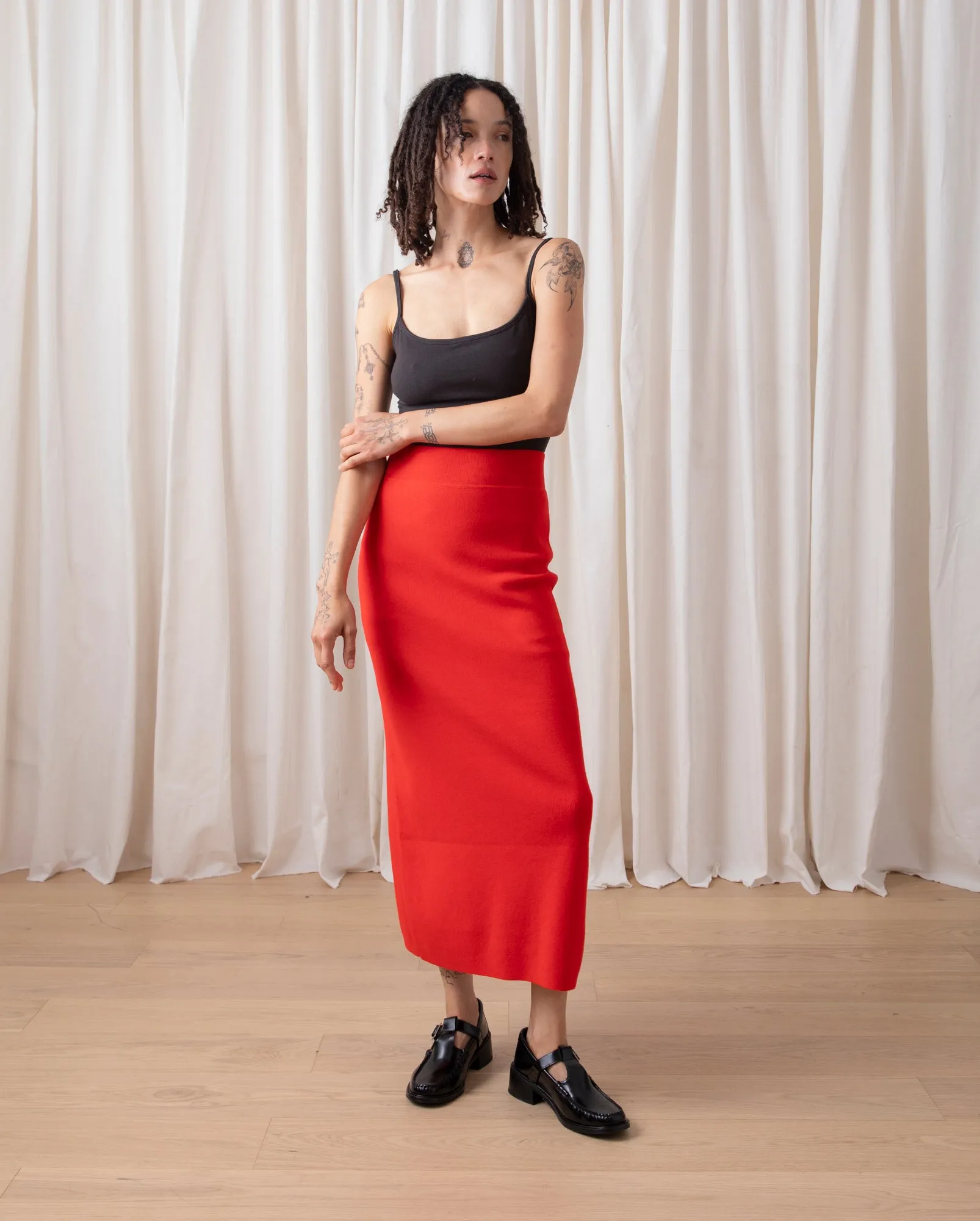 KNIT PENCIL MIDI SKIRT - POPPY