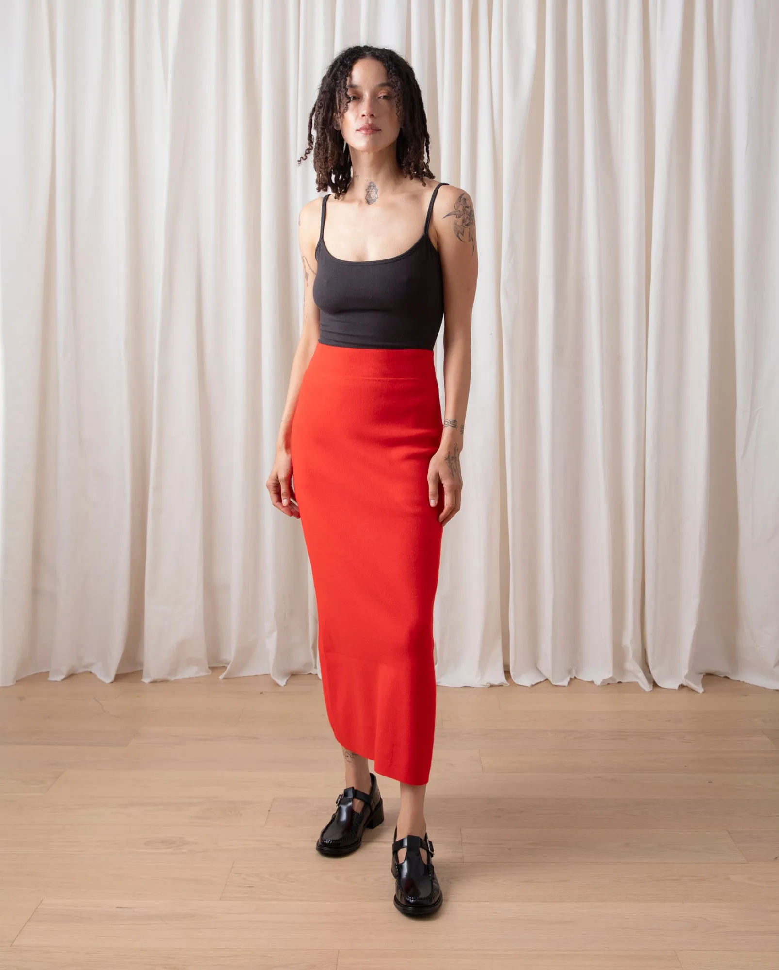 KNIT PENCIL MIDI SKIRT - POPPY