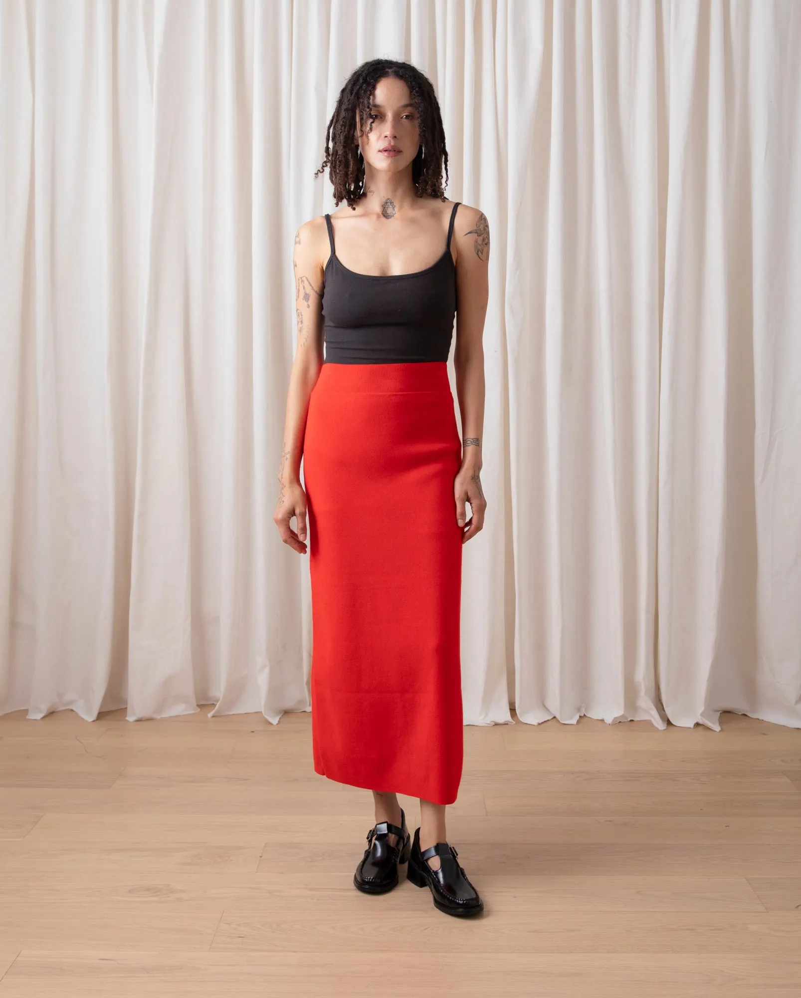 KNIT PENCIL MIDI SKIRT - POPPY