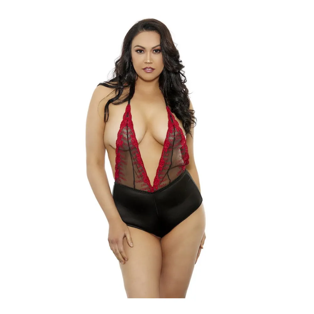 Lace And Satin Teddy Plus Size Black/Red