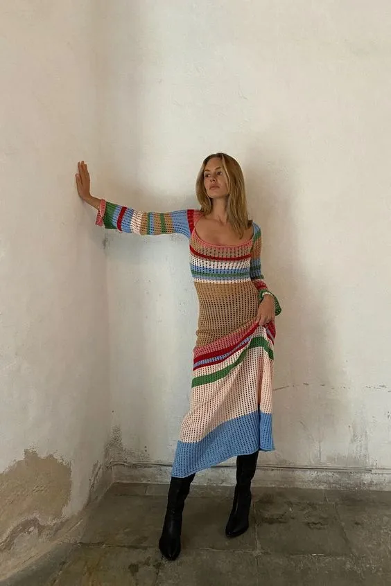 Long Sleeve Crochet Maxi Dress Available In Two Different Color Block Tones Tan Natural Or Multi Colored Breezy Bohemian Beach Dress Long Gown Available In Small Medium Large Or XL