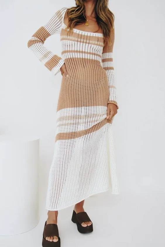 Long Sleeve Crochet Maxi Dress Available In Two Different Color Block Tones Tan Natural Or Multi Colored Breezy Bohemian Beach Dress Long Gown Available In Small Medium Large Or XL