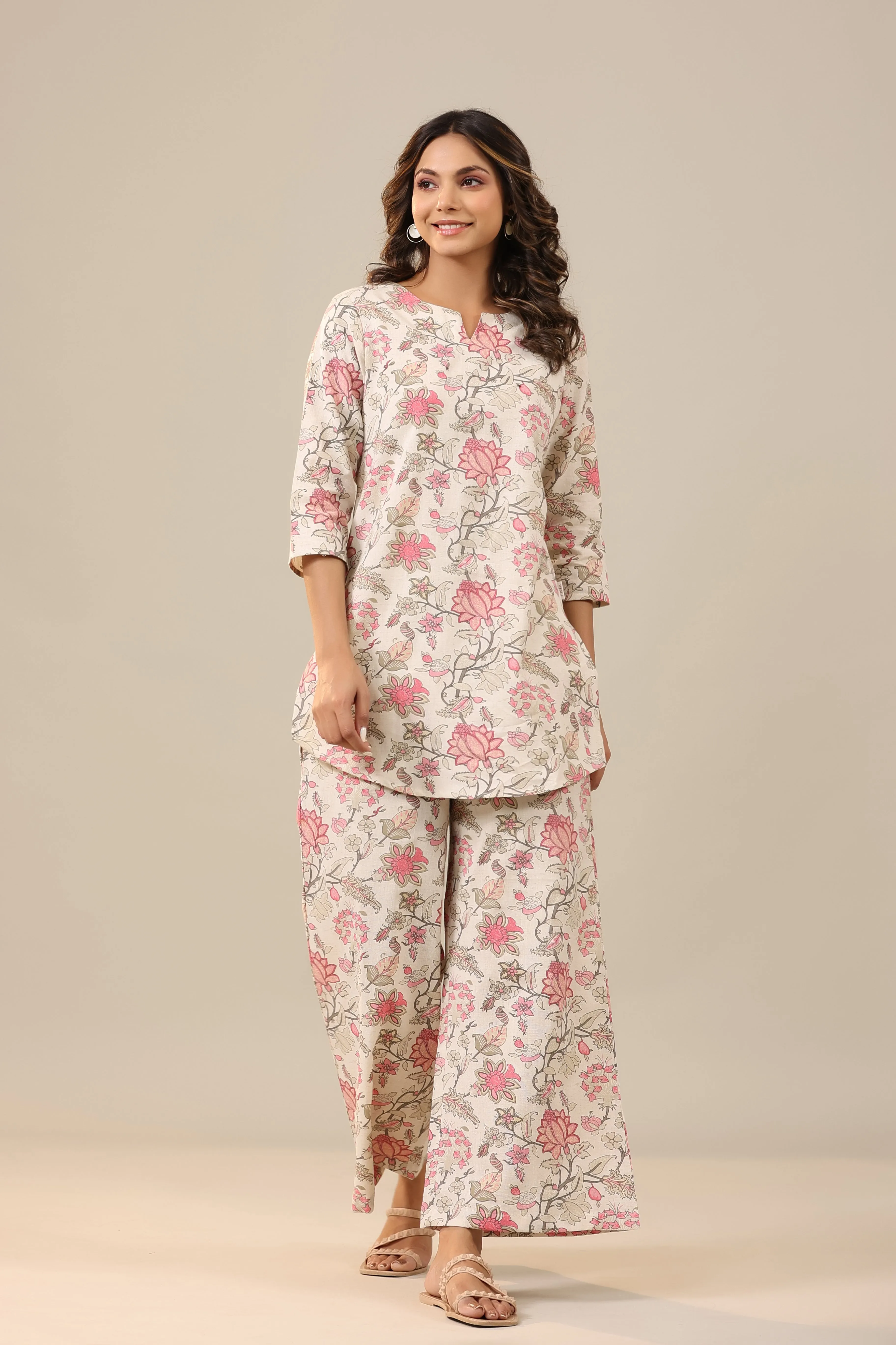 Marigold Pink Jaal on White Cotton Flex Palazzo Loungewear Set