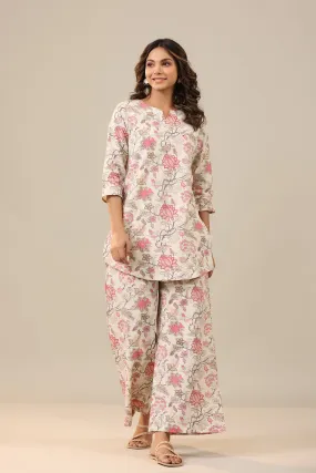 Marigold Pink Jaal on White Cotton Flex Palazzo Loungewear Set