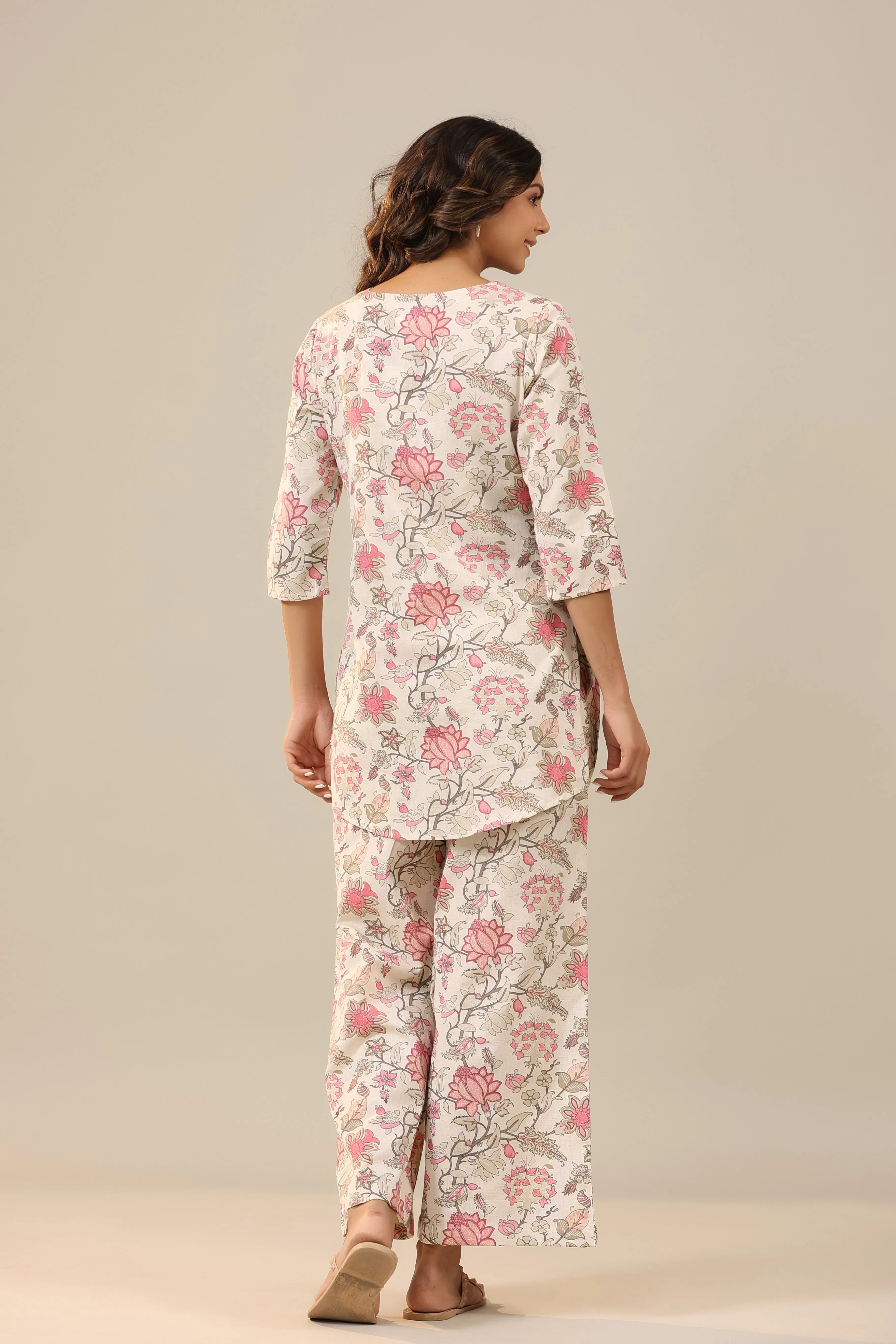 Marigold Pink Jaal on White Cotton Flex Palazzo Loungewear Set