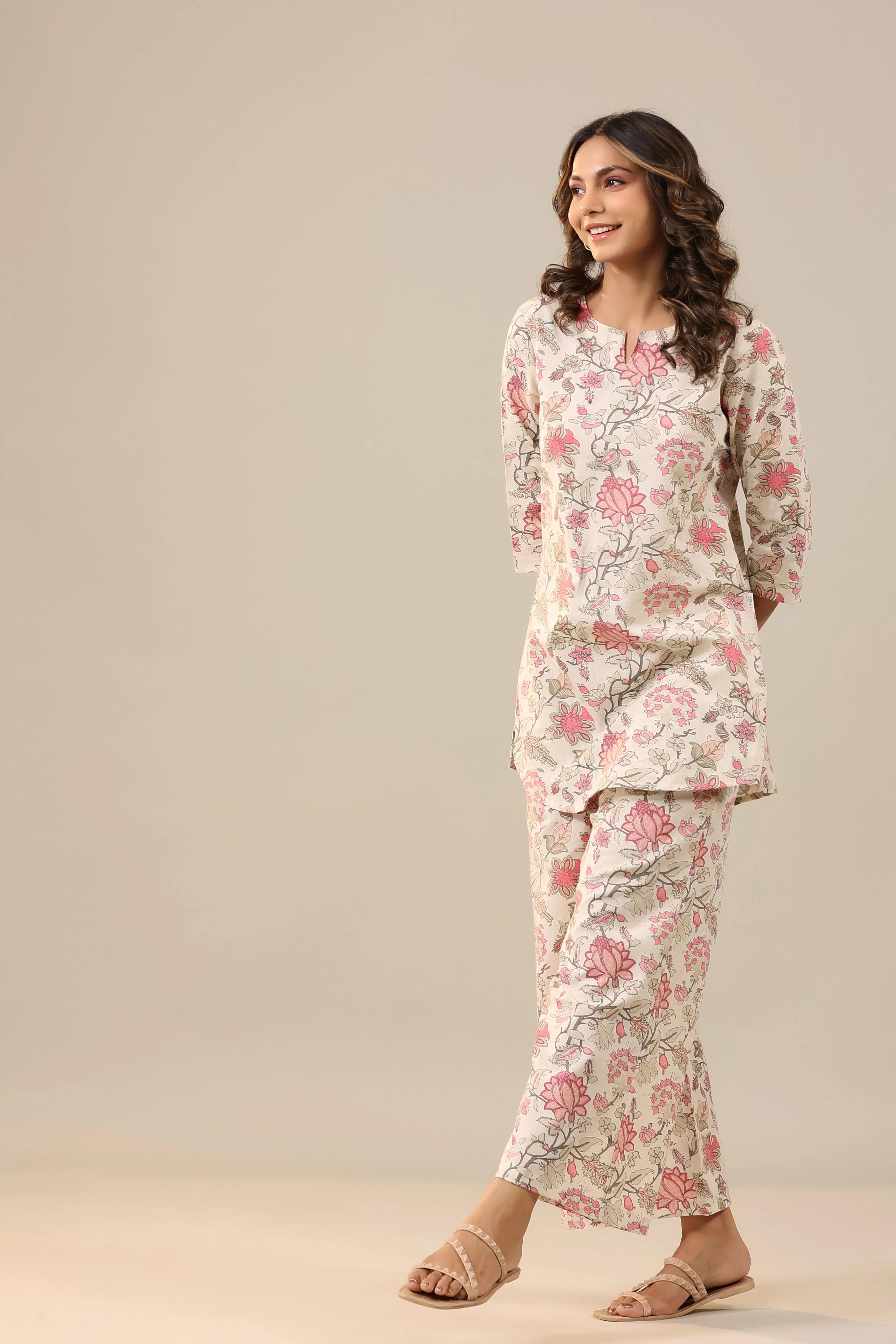 Marigold Pink Jaal on White Cotton Flex Palazzo Loungewear Set