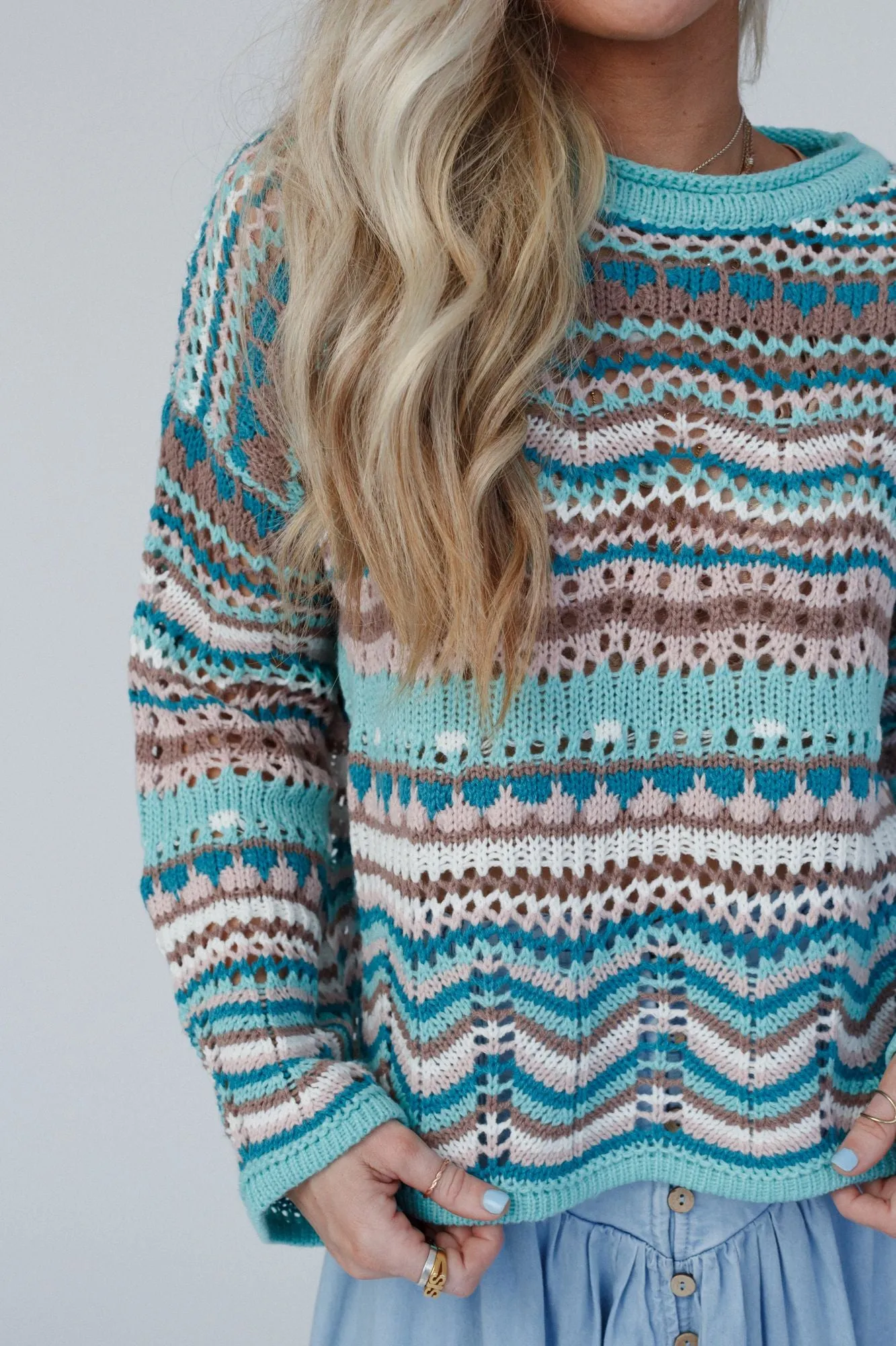 Meadow Waves Crochet Sweater - Seafoam Multi