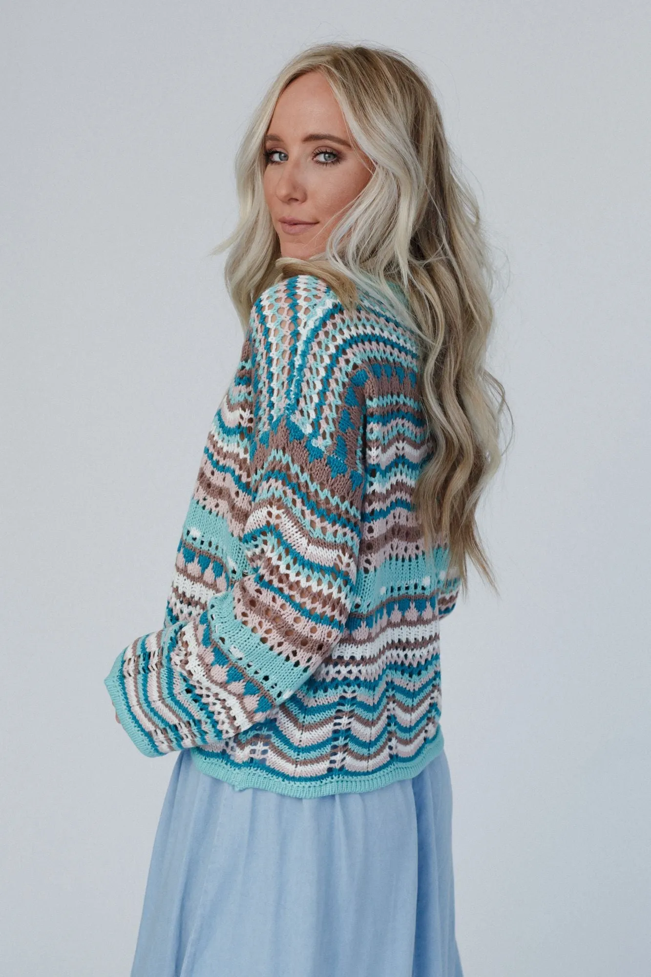 Meadow Waves Crochet Sweater - Seafoam Multi