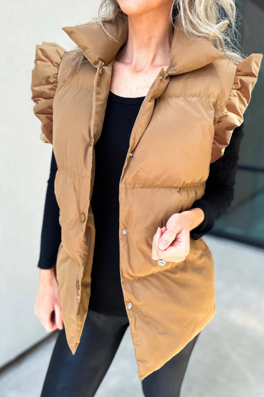 MeiMei Ruffled Snap Down Mock Neck Vest Coat