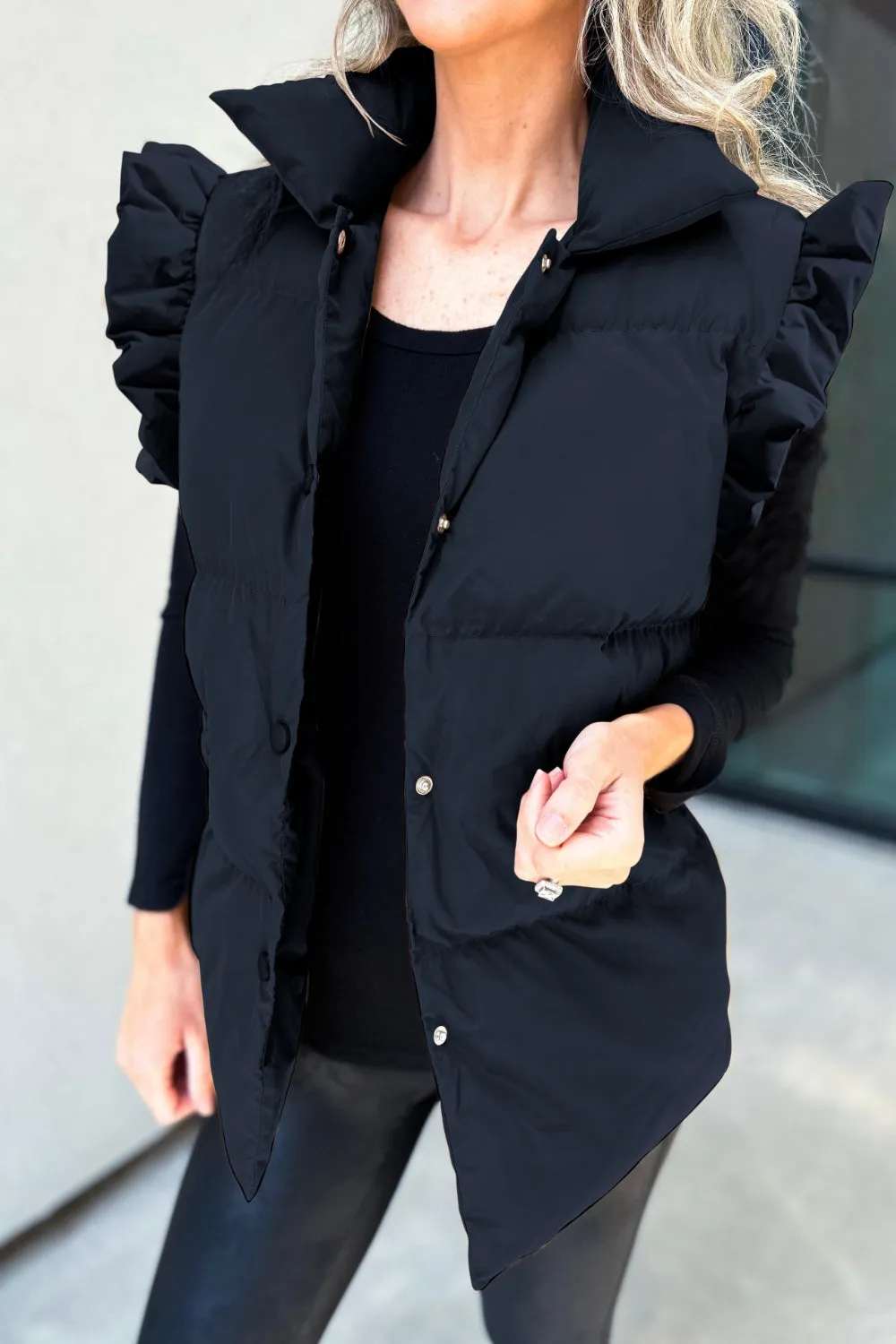 MeiMei Ruffled Snap Down Mock Neck Vest Coat